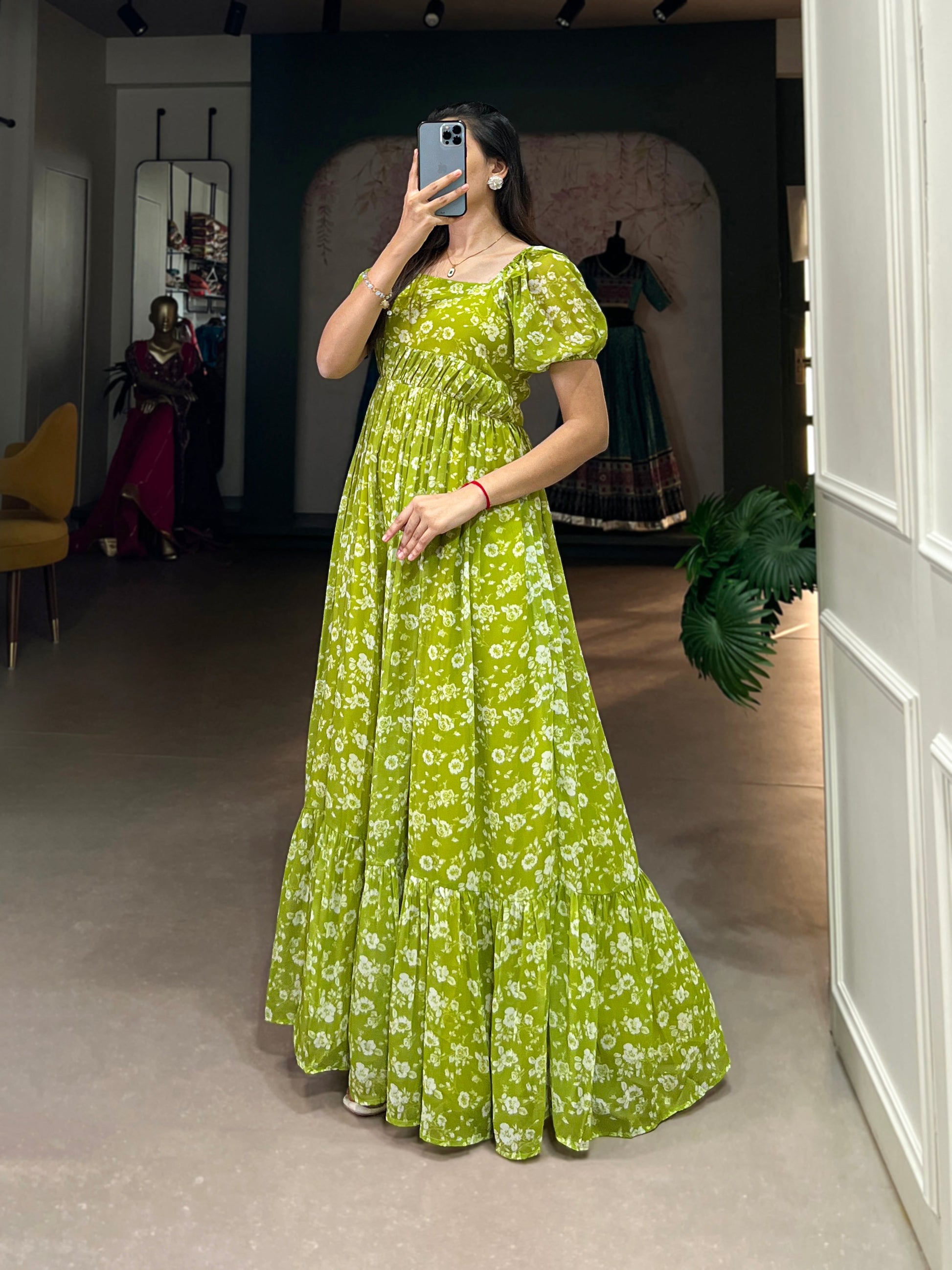 Lorenvalley Parrot green Georgette Floral Print Gown | Swadesiicart