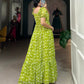 Lorenvalley Parrot green Georgette Floral Print Gown | Swadesiicart