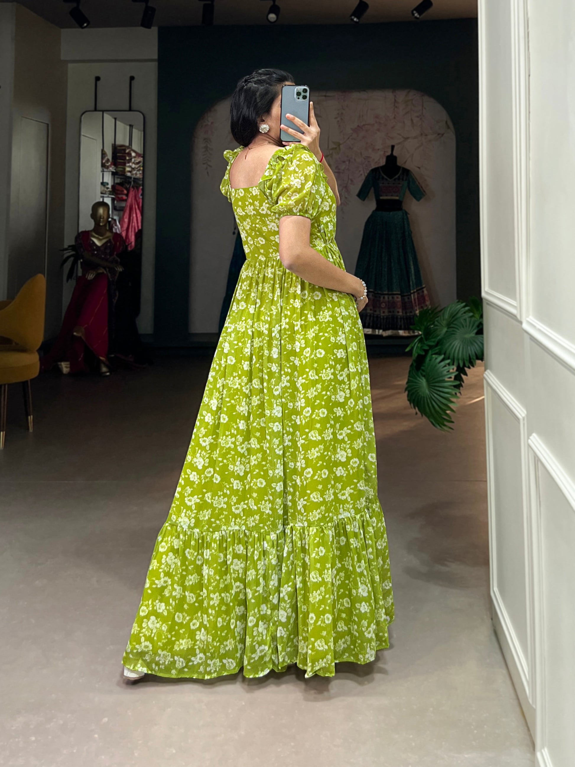 Lorenvalley Parrot green Georgette Floral Print Gown | Swadesiicart