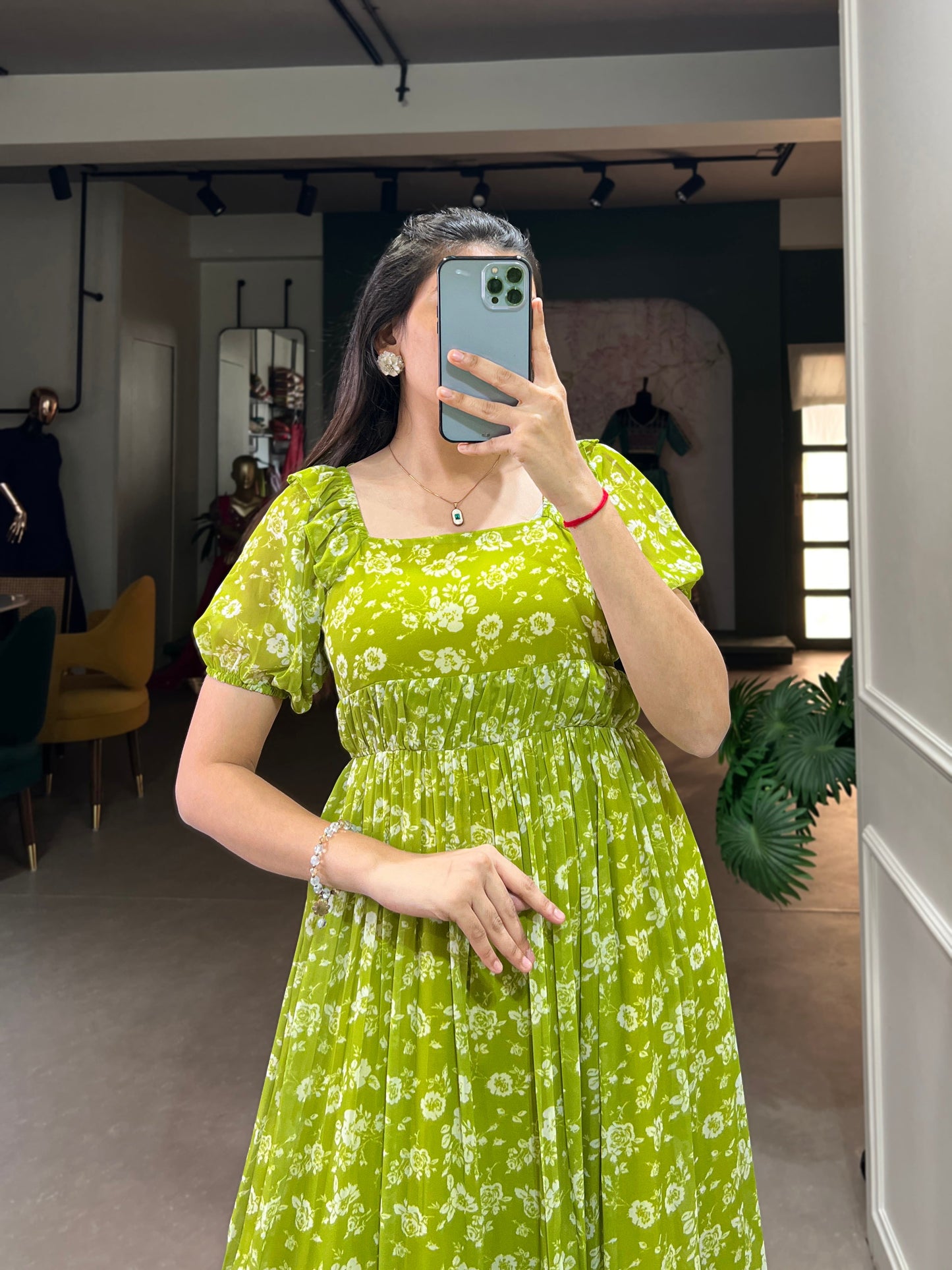 Lorenvalley Parrot green Georgette Floral Print Gown | Swadesiicart