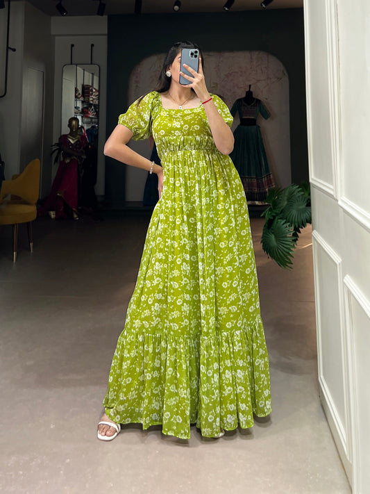 Lorenvalley Parrot green Georgette Floral Print Gown | Swadesiicart