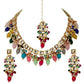 Tehzeeb Creations Back Meenakari Gold-Polished Square Shape Tika Earring Jewellery Set Uncut Kundan Big Faux Kundan Dibbi Kundan Choker Necklace Set | Swadesiicart