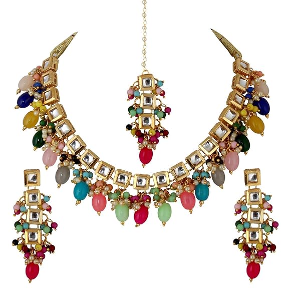 Tehzeeb Creations Back Meenakari Gold-Polished Square Shape Tika Earring Jewellery Set Uncut Kundan Big Faux Kundan Dibbi Kundan Choker Necklace Set | Swadesiicart