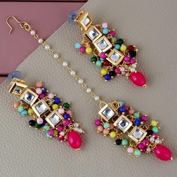 Tehzeeb Creations Back Meenakari Gold-Polished Square Shape Tika Earring Jewellery Set Uncut Kundan Big Faux Kundan Dibbi Kundan Choker Necklace Set | Swadesiicart