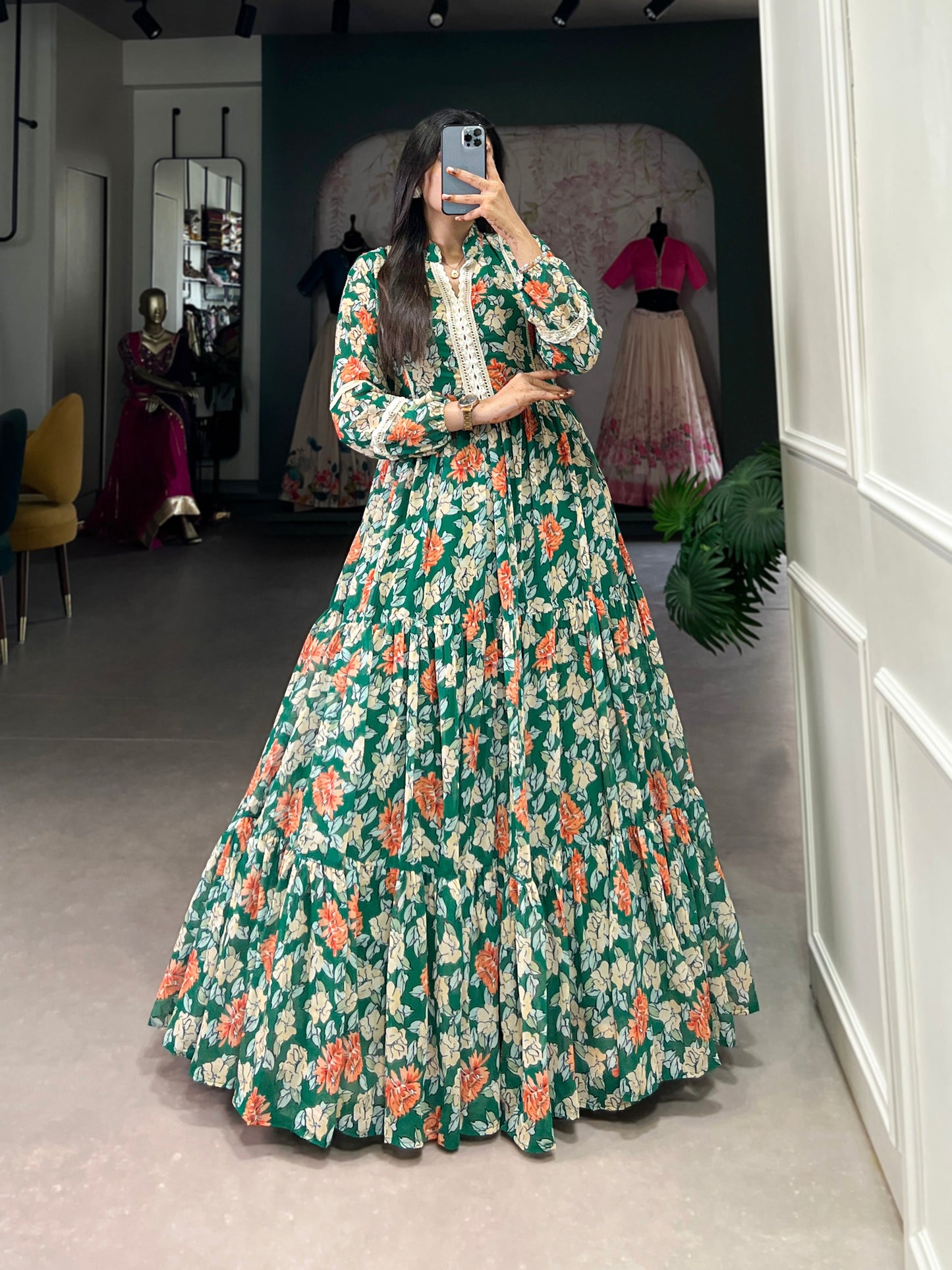 Lorenvalley Green Georgette Floral Print Gown | Swadesiicart