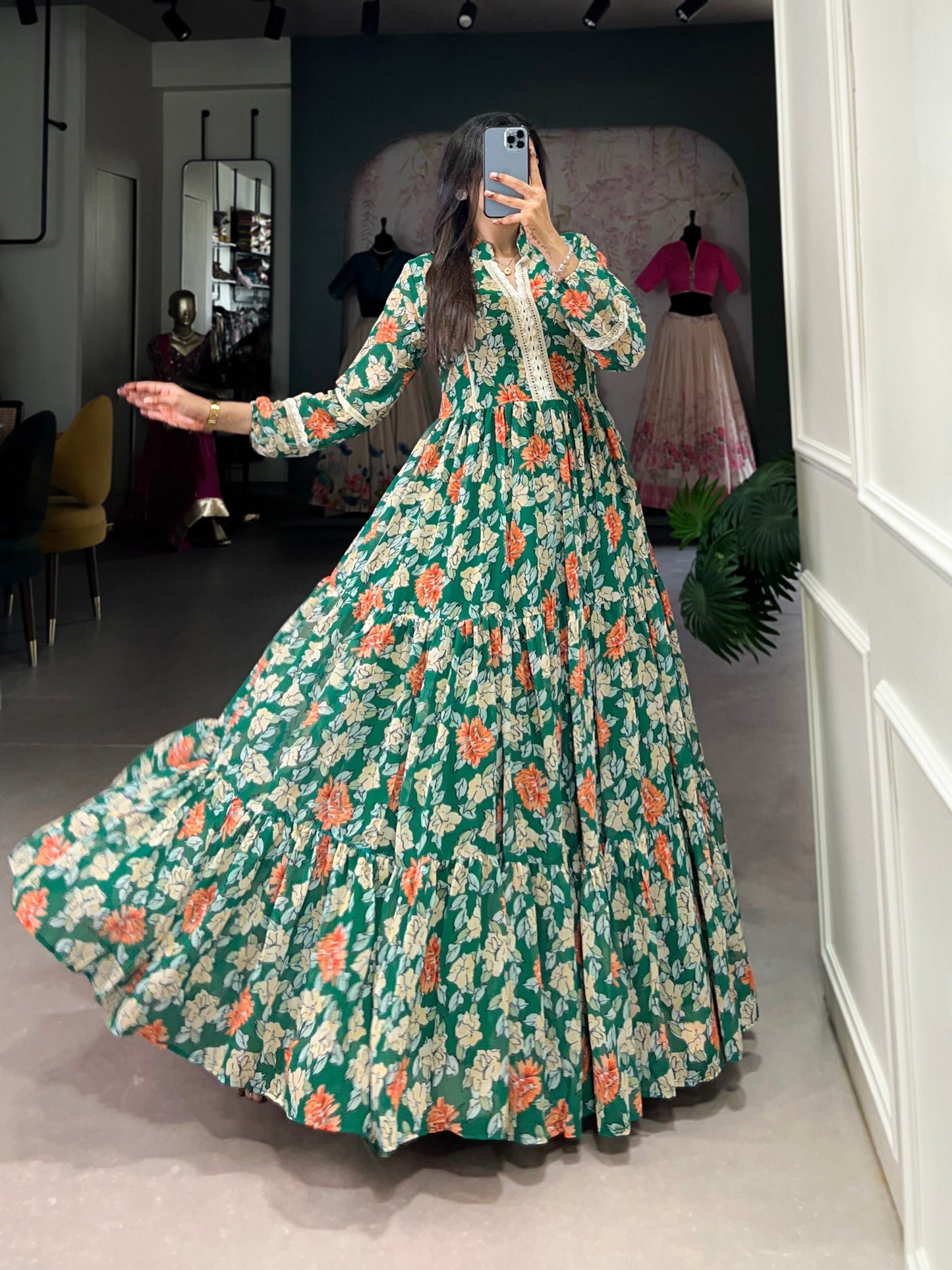 Lorenvalley Green Georgette Floral Print Gown | Swadesiicart