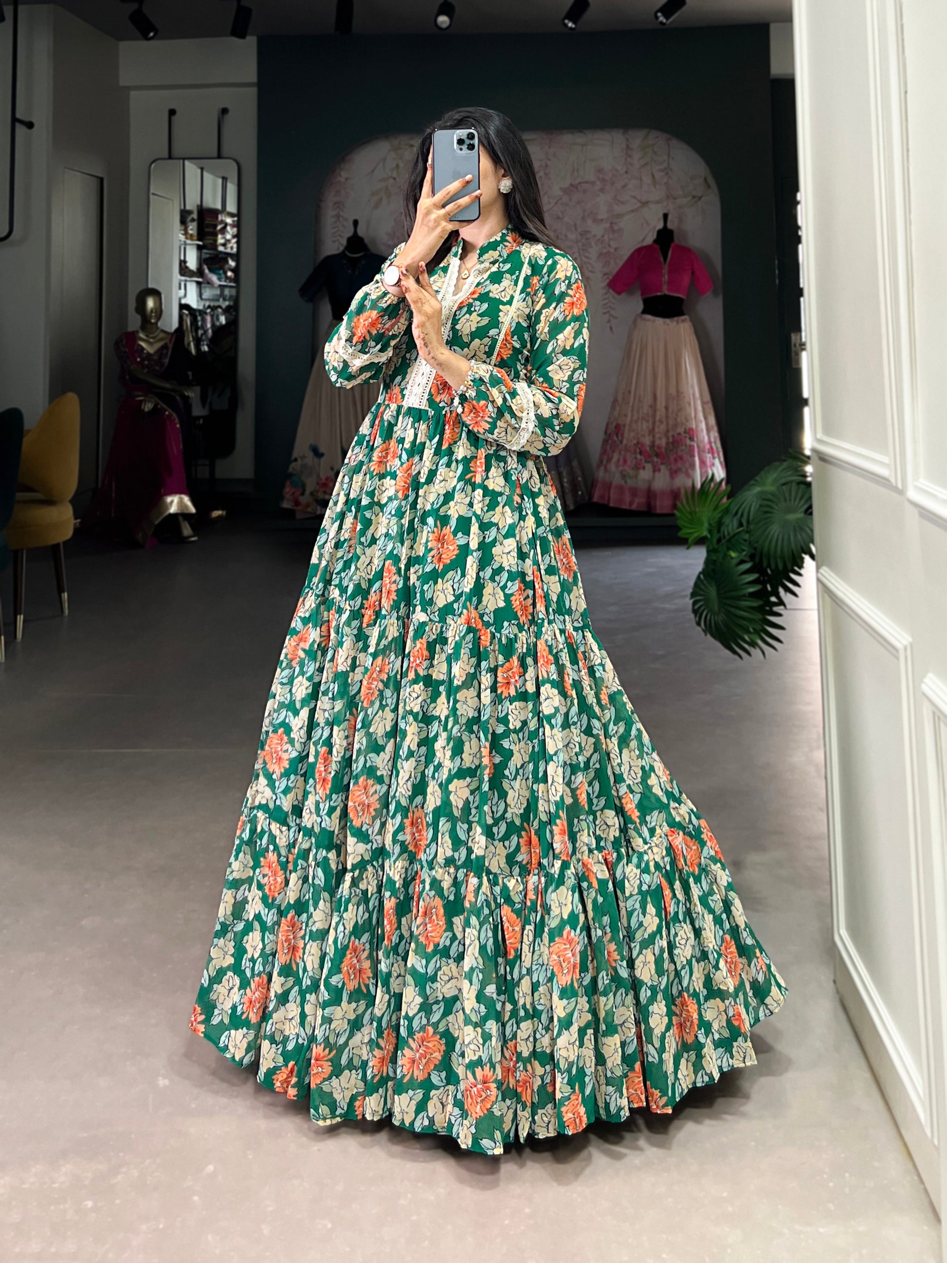 Lorenvalley Green Georgette Floral Print Gown | Swadesiicart