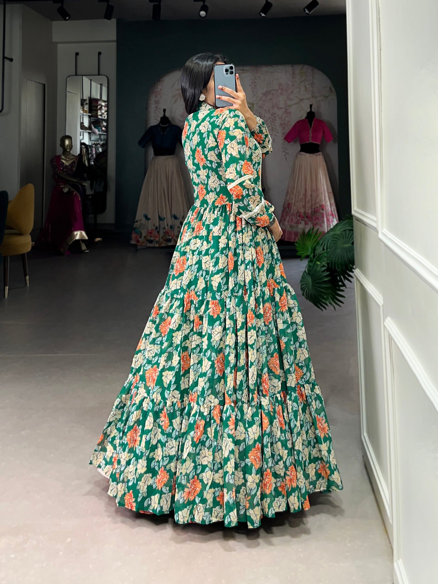Lorenvalley Green Georgette Floral Print Gown | Swadesiicart