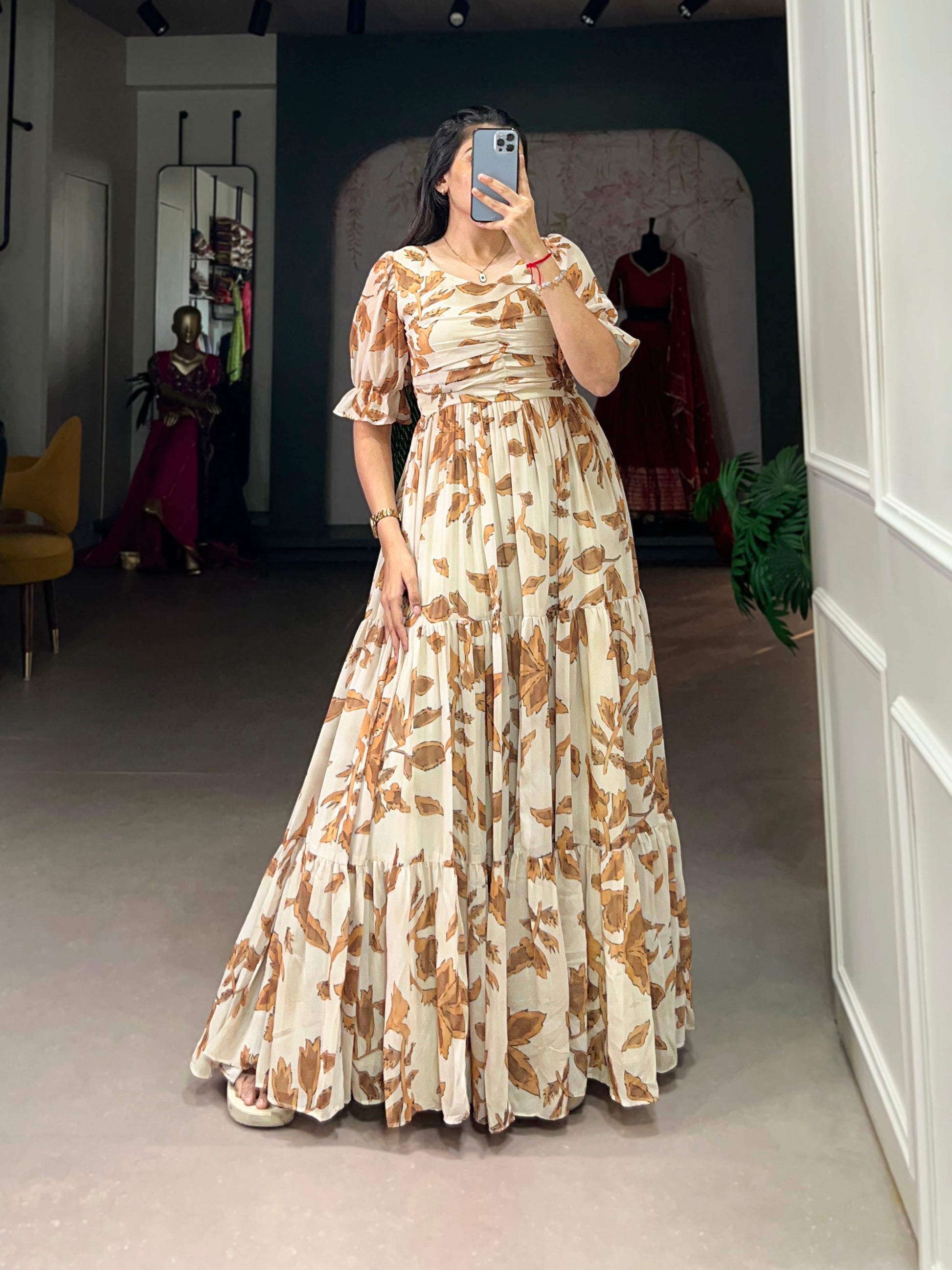 Lorenvalley Chiku Georgette Print Gown | Swadesiicart