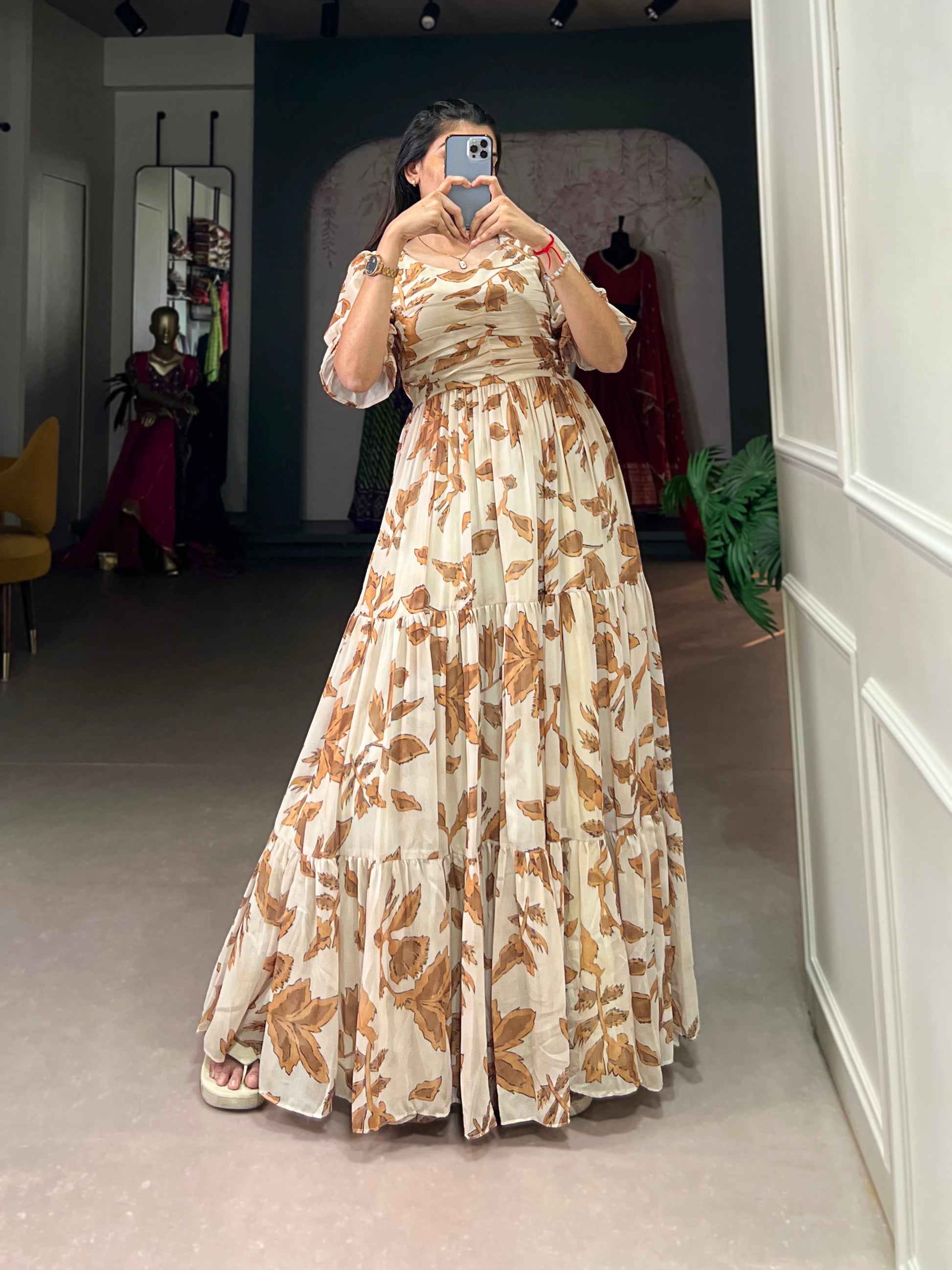 Lorenvalley Chiku Georgette Print Gown | Swadesiicart