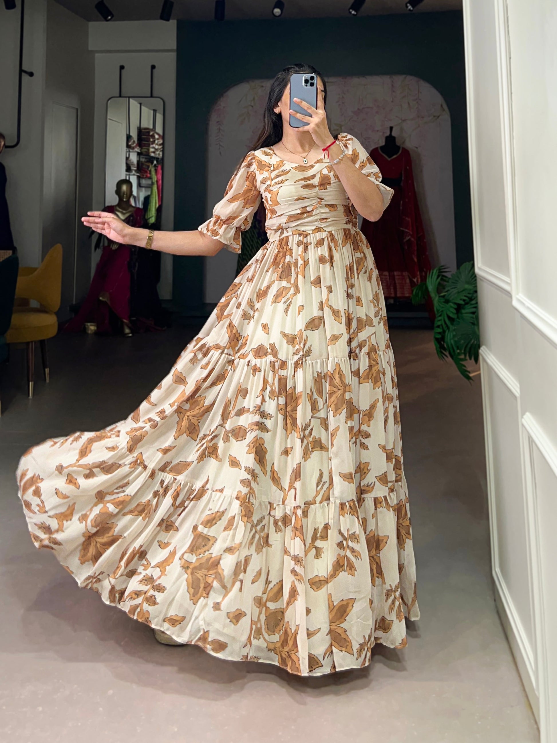 Lorenvalley Chiku Georgette Print Gown | Swadesiicart