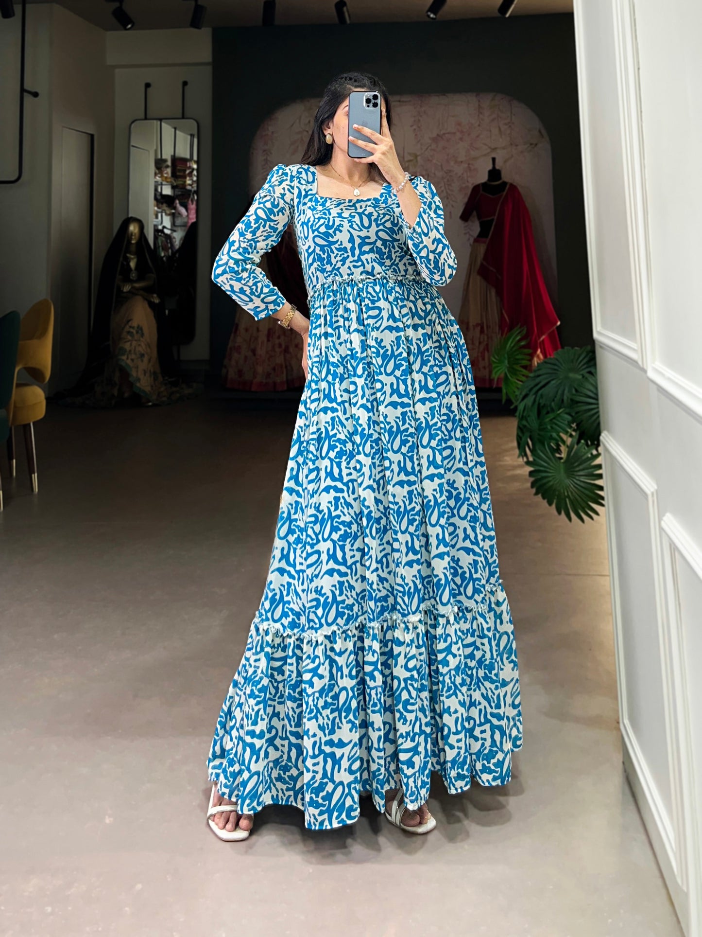 Lorenvalley Blue Georgette Printed Gown | Swadesiicart