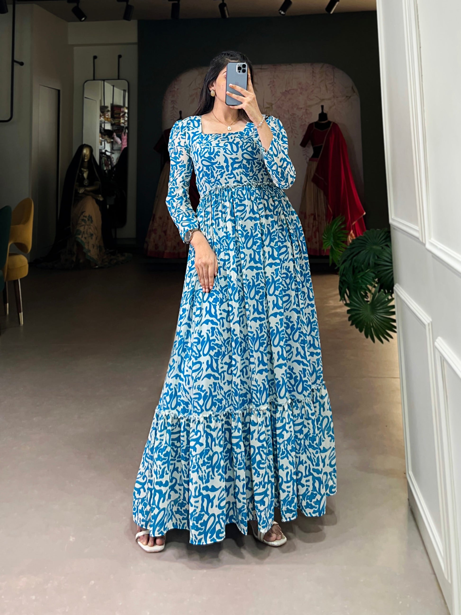Lorenvalley Blue Georgette Printed Gown | Swadesiicart