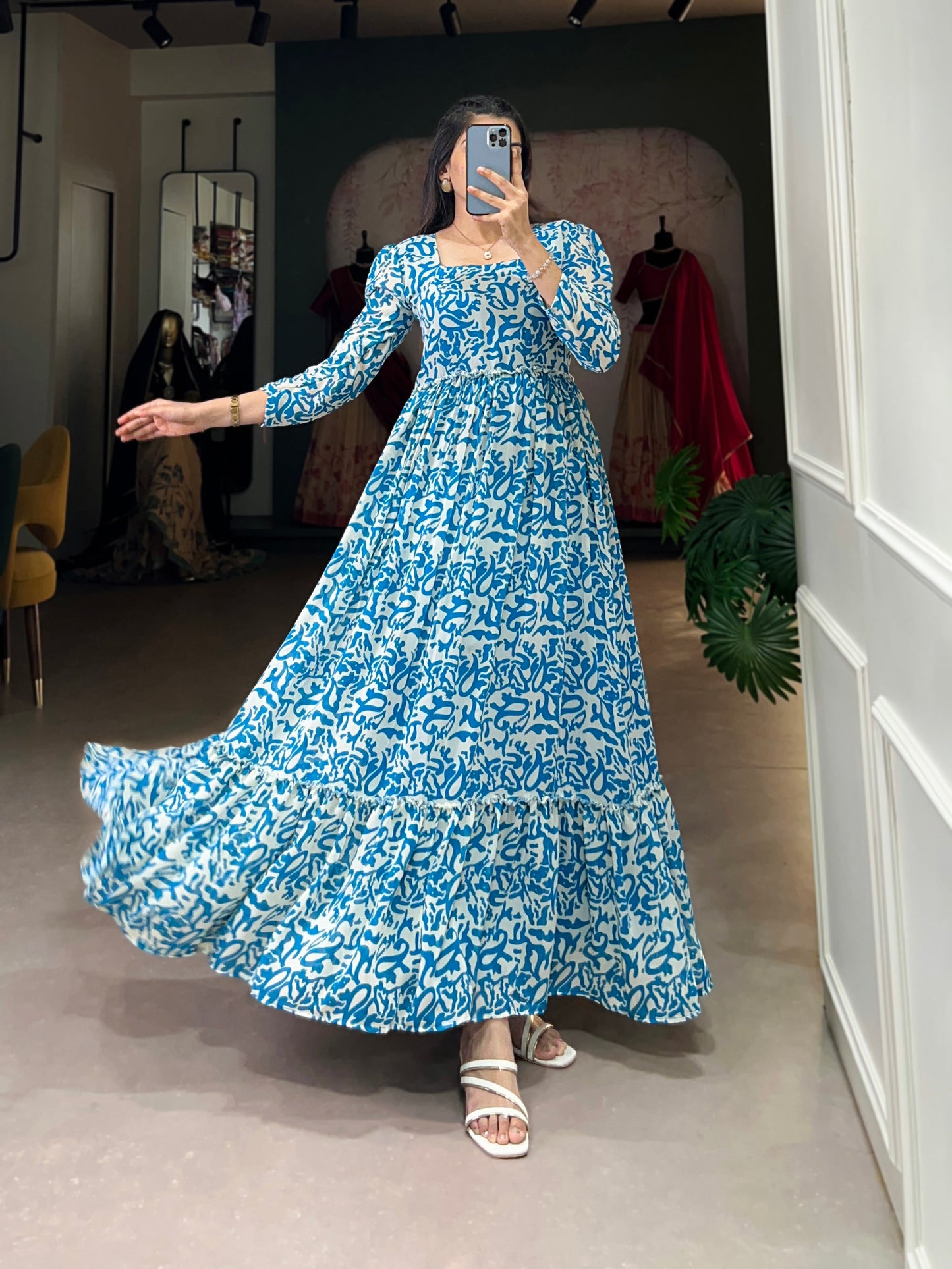 Lorenvalley Blue Georgette Printed Gown | Swadesiicart