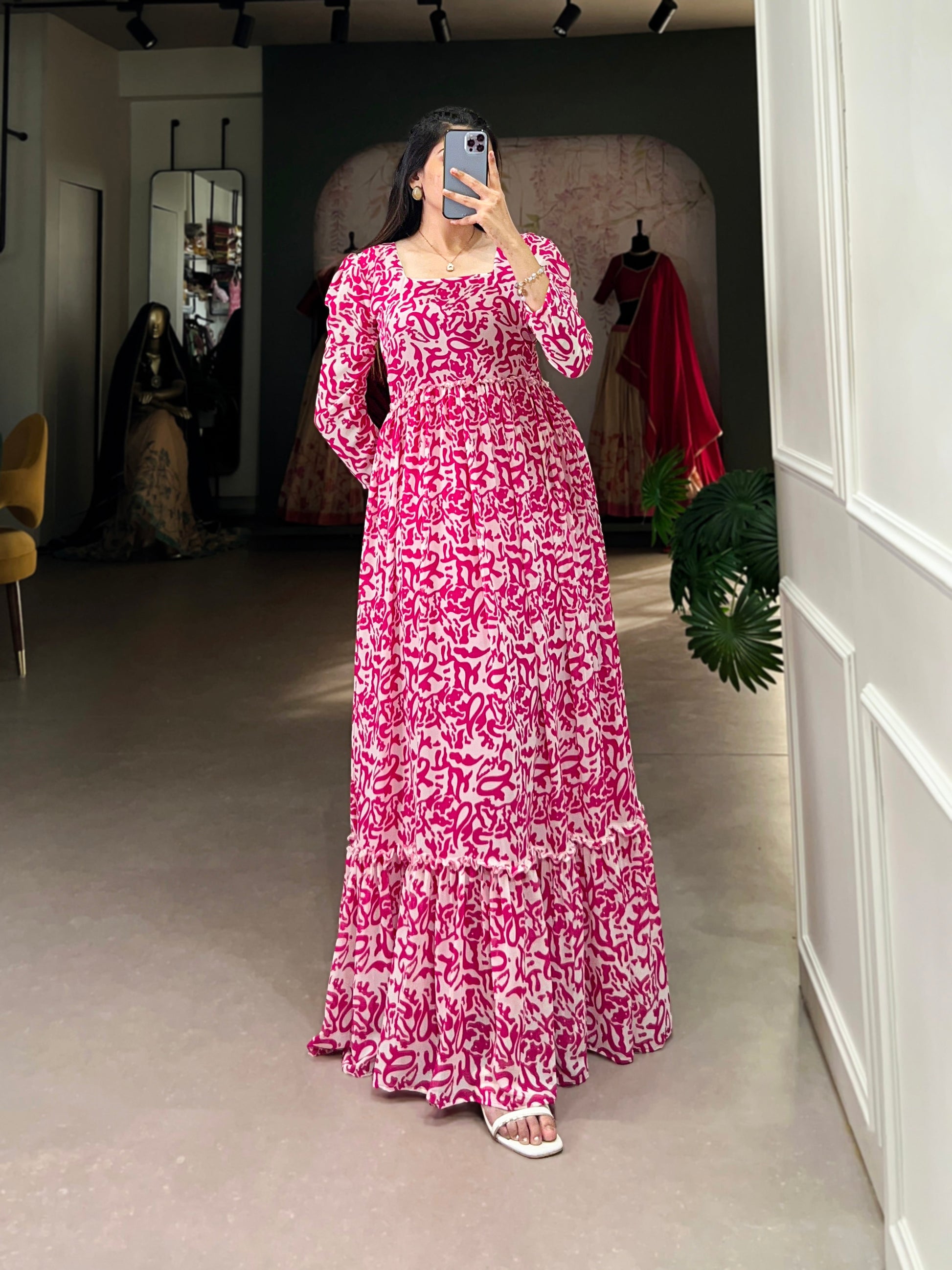 Lorenvalley Pink Georgette Printed Gown | Swadesiicart