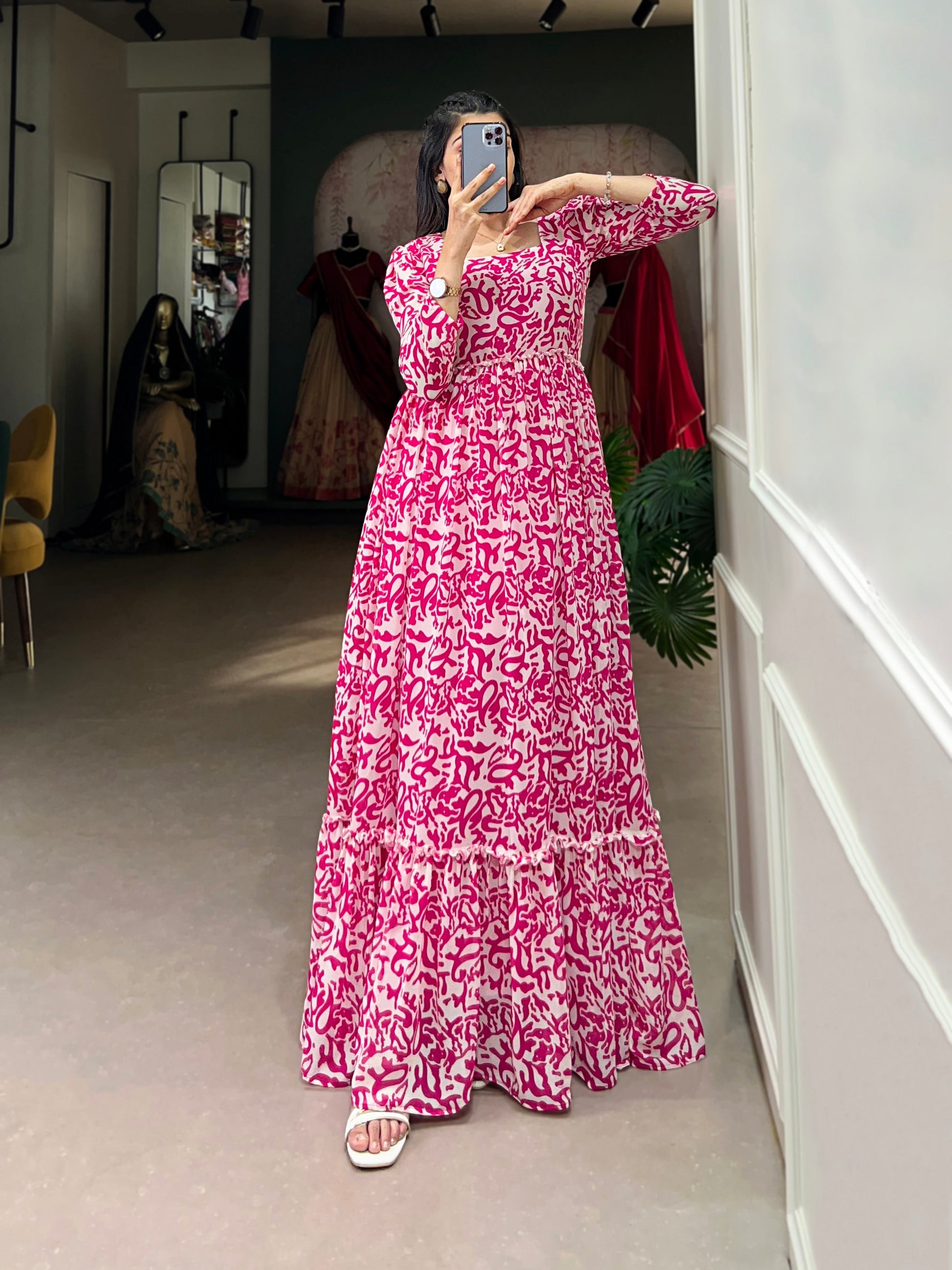 Lorenvalley Pink Georgette Printed Gown | Swadesiicart
