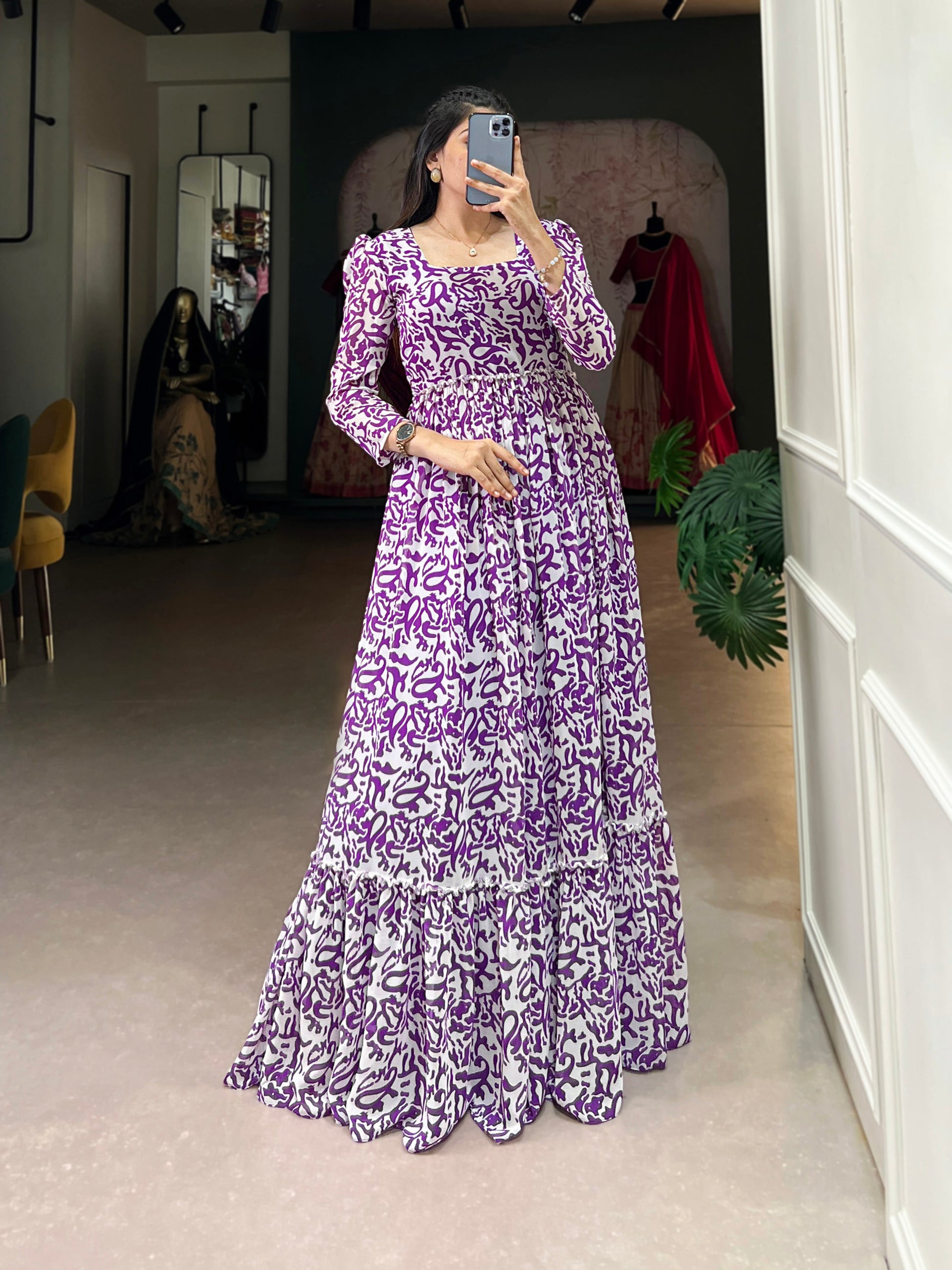 Lorenvalley Purple Georgette Printed Gown | Swadesiicart