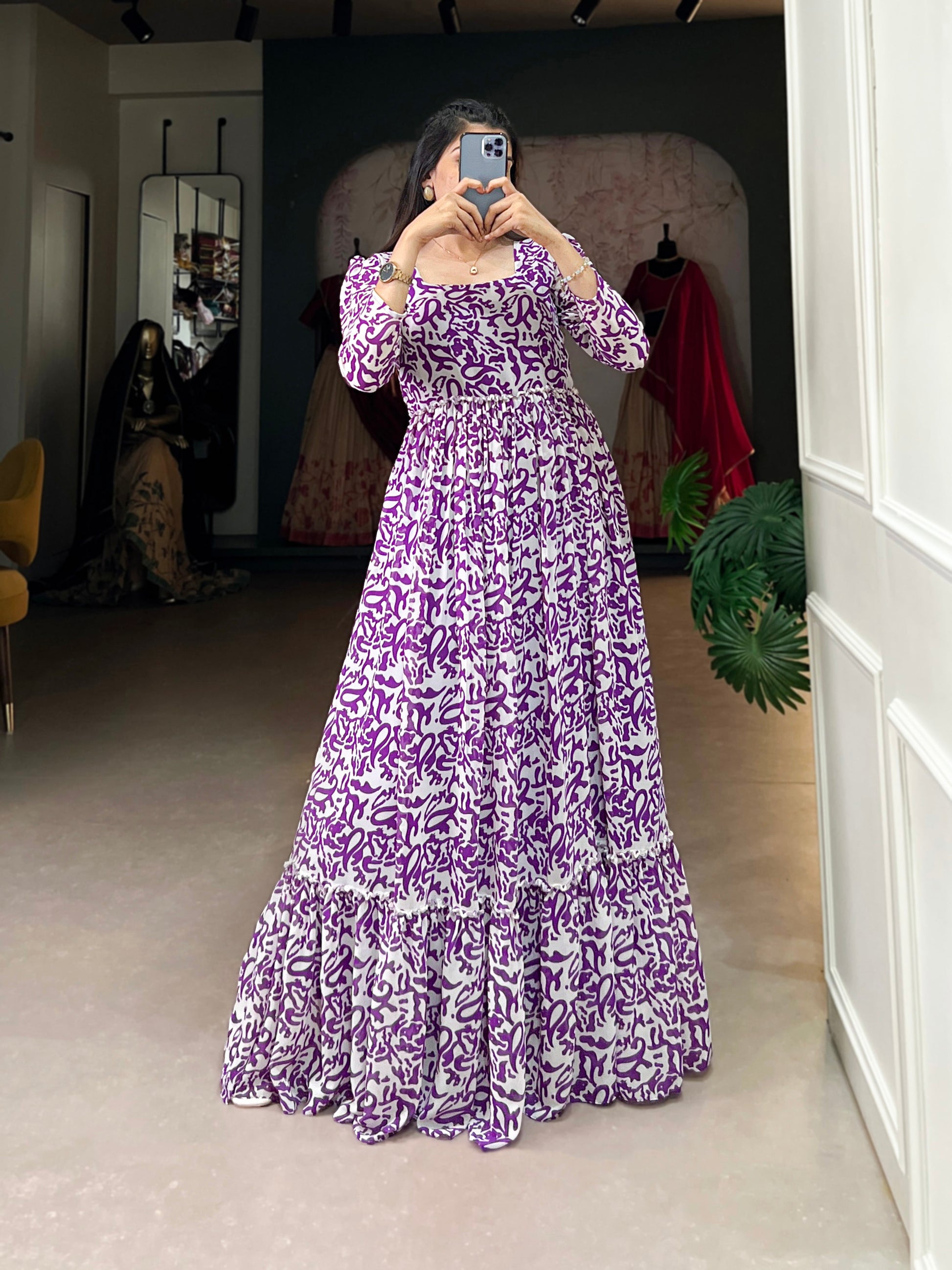 Lorenvalley Purple Georgette Printed Gown | Swadesiicart