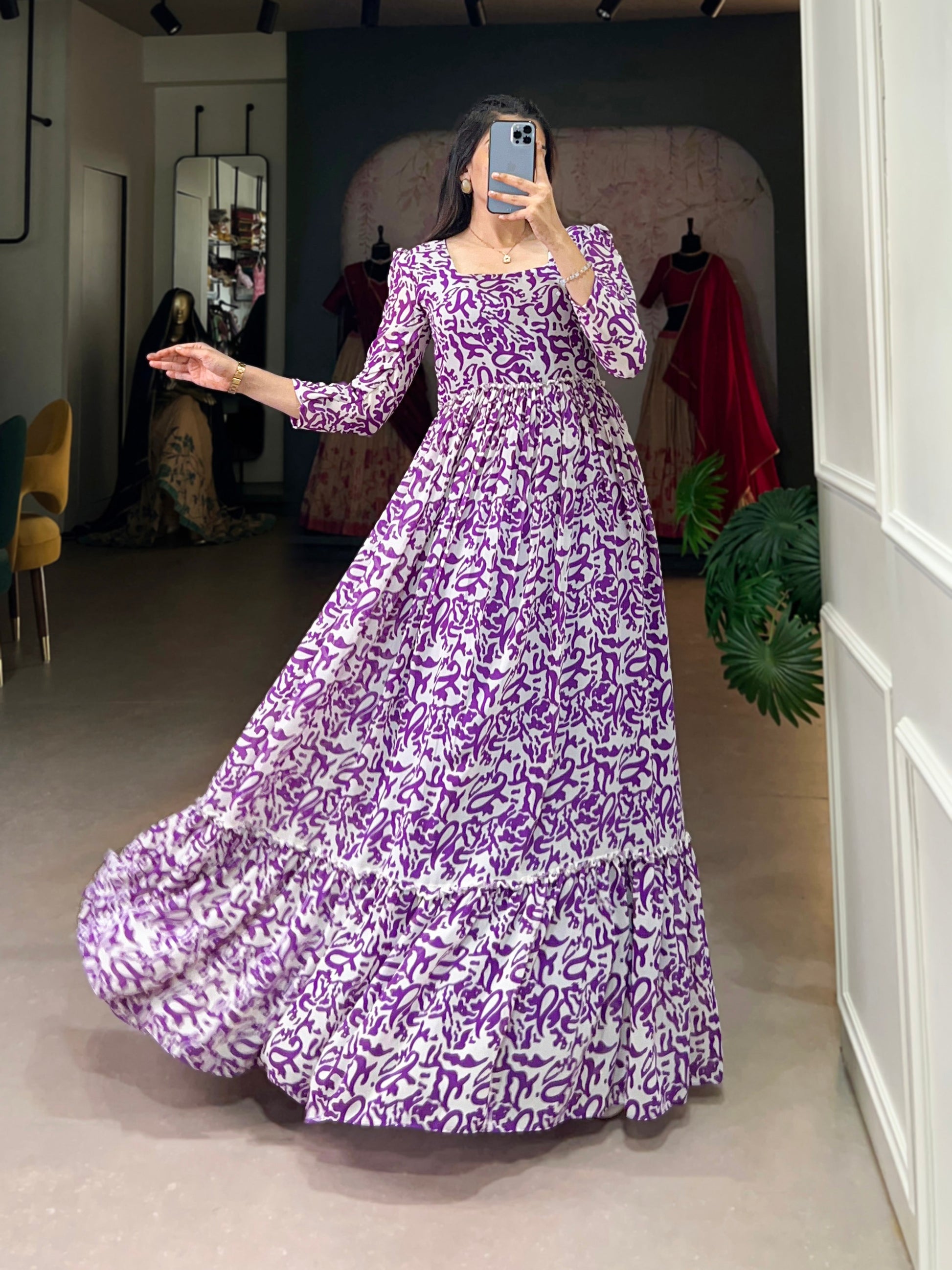 Lorenvalley Purple Georgette Printed Gown | Swadesiicart