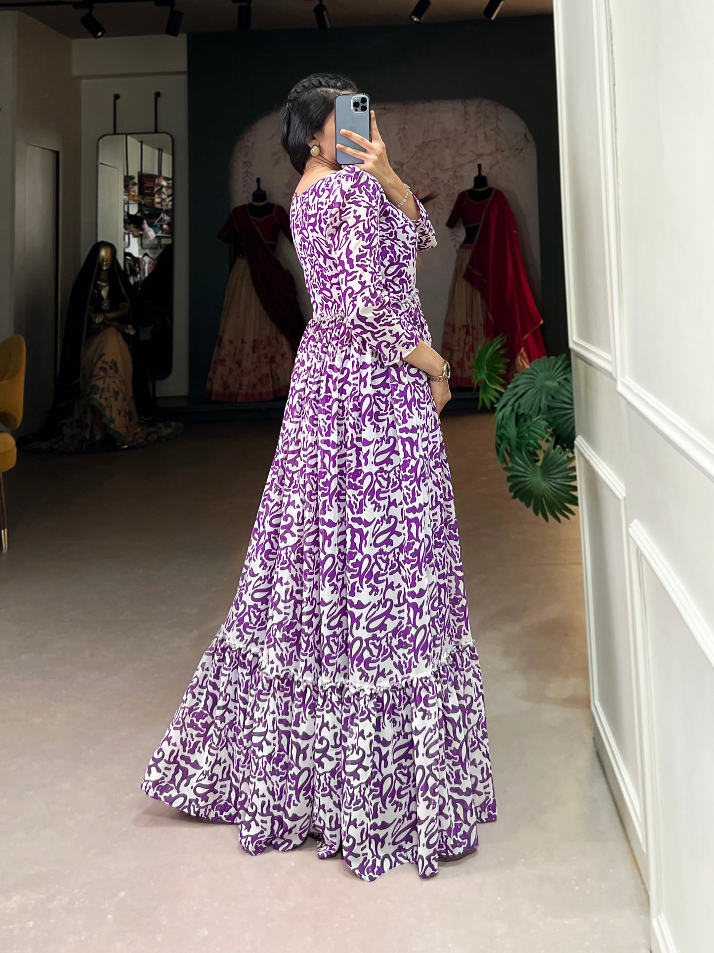 Lorenvalley Purple Georgette Printed Gown | Swadesiicart