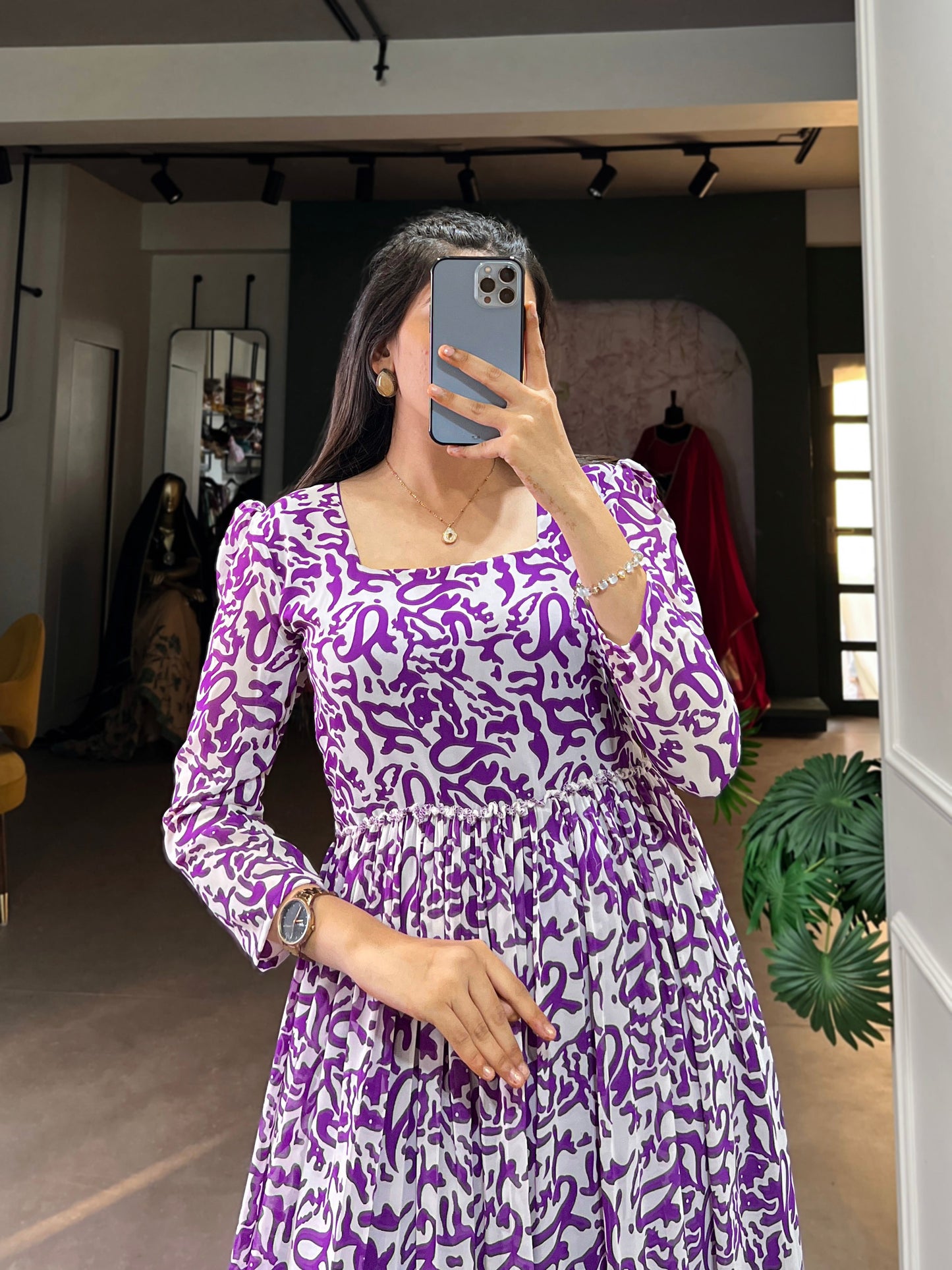 Lorenvalley Purple Georgette Printed Gown | Swadesiicart