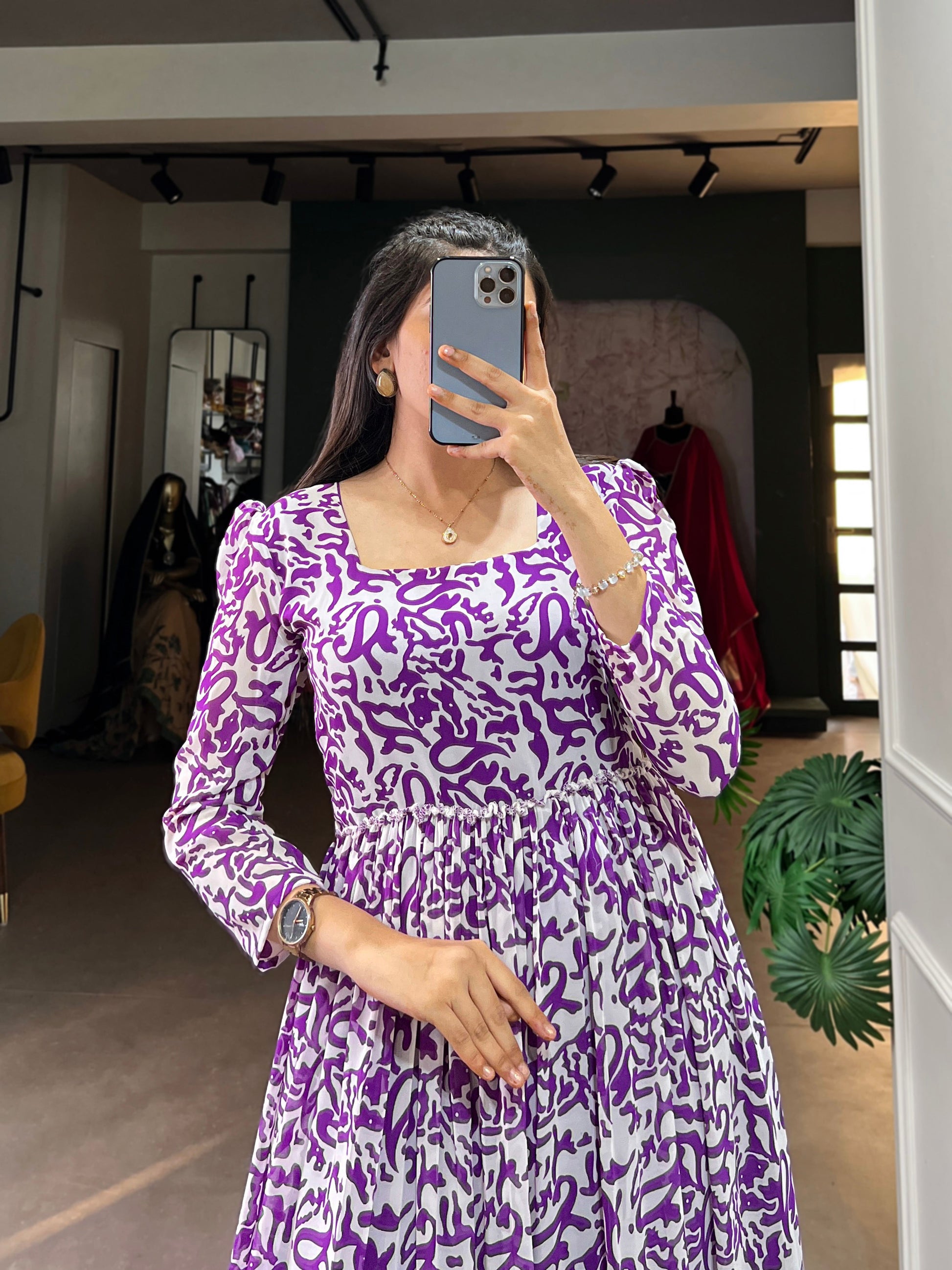 Lorenvalley Purple Georgette Printed Gown | Swadesiicart