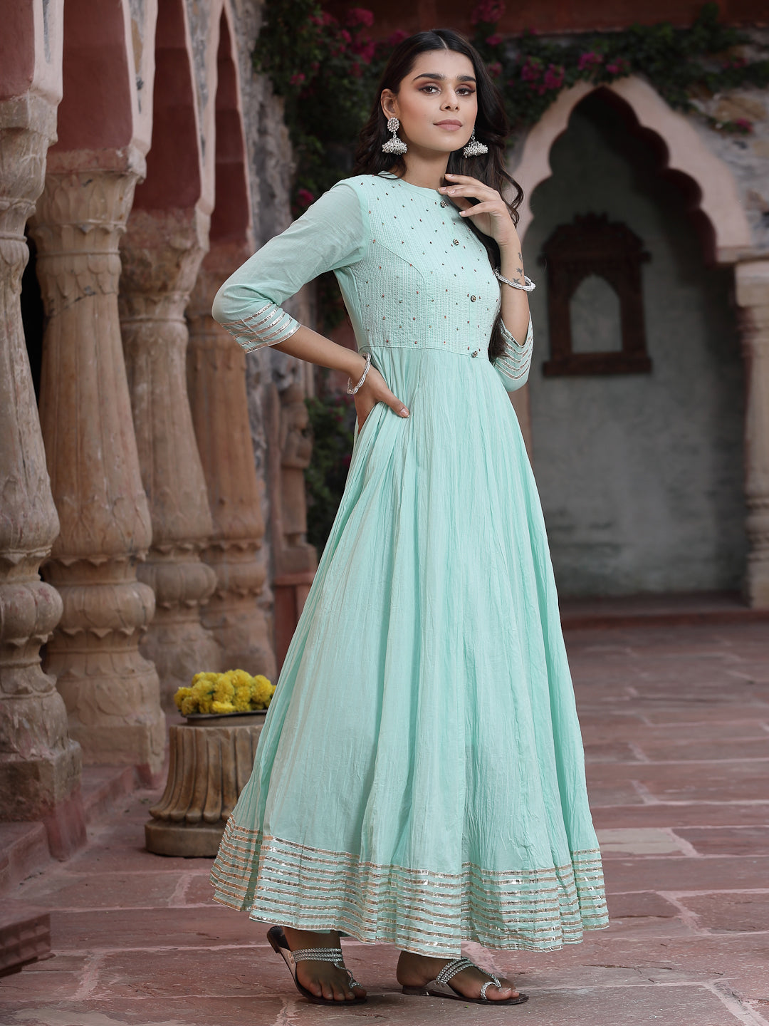 Juniper Women Sky Blue Cotton Solid Flared Dress | Swadesiicart