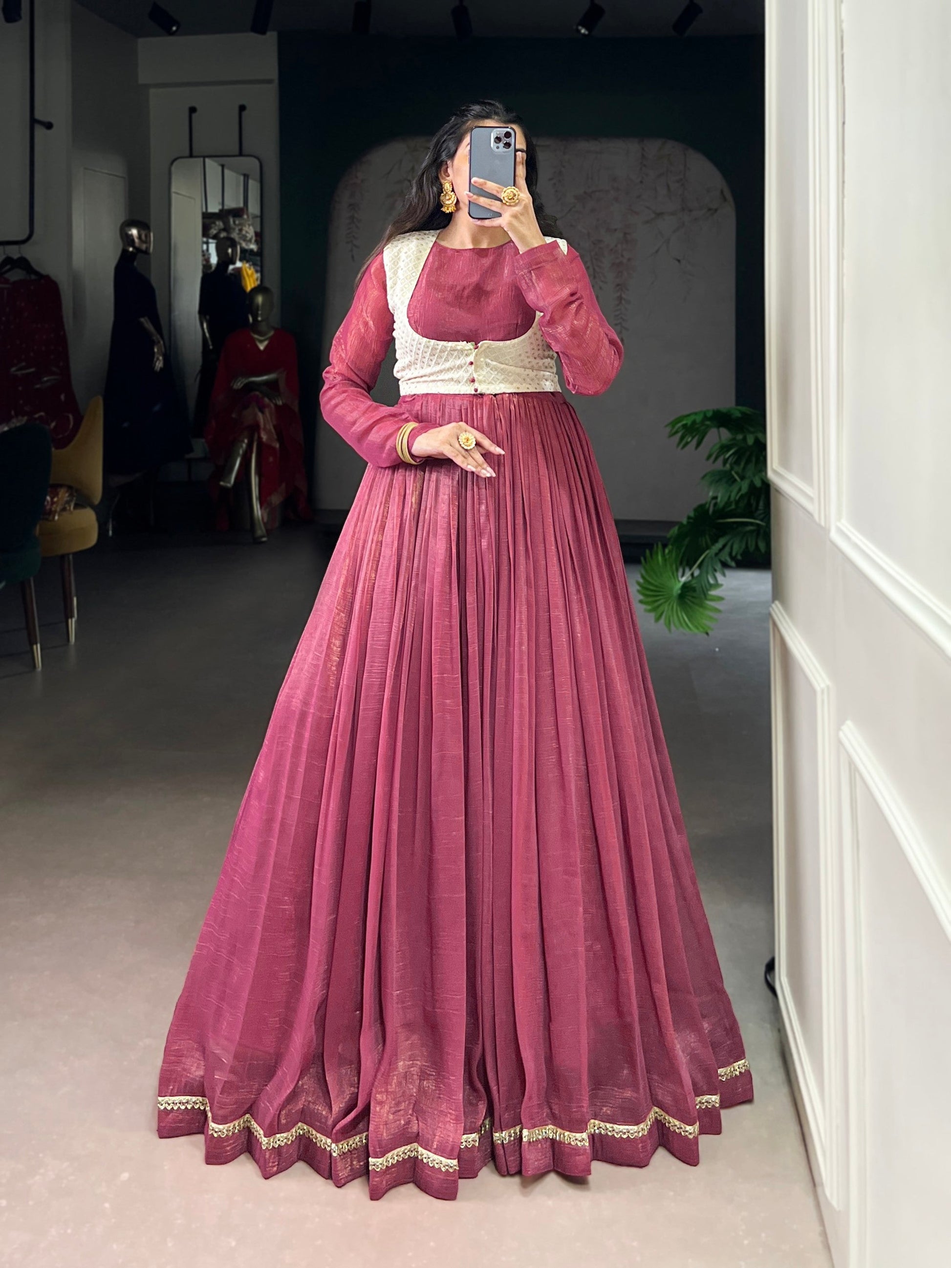 Lorenvalley Fashion Pink Silver Glosy Crunchy Lace Touch Up Gown with Koti | Swadesiicart