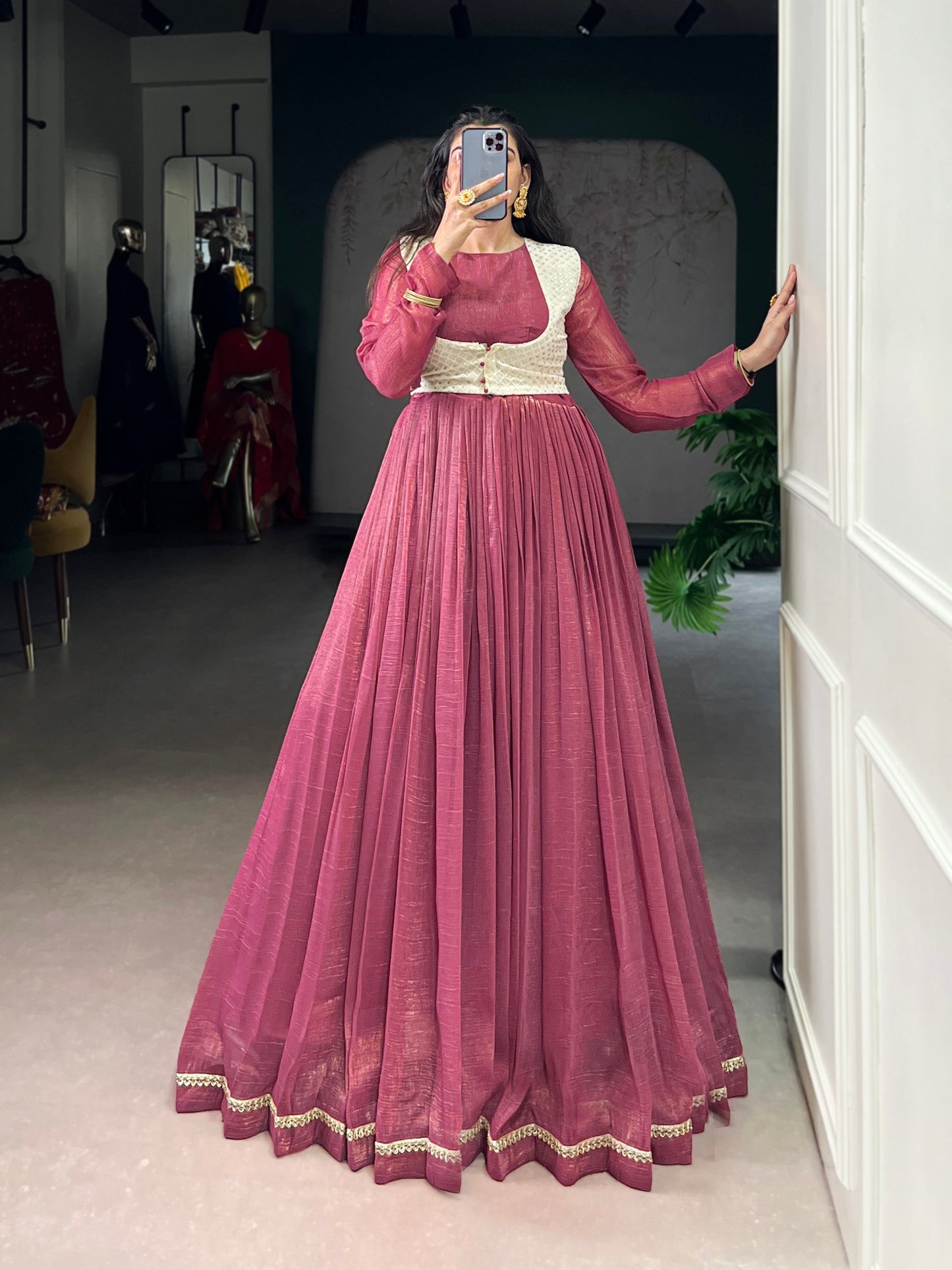 Lorenvalley Fashion Pink Silver Glosy Crunchy Lace Touch Up Gown with Koti | Swadesiicart