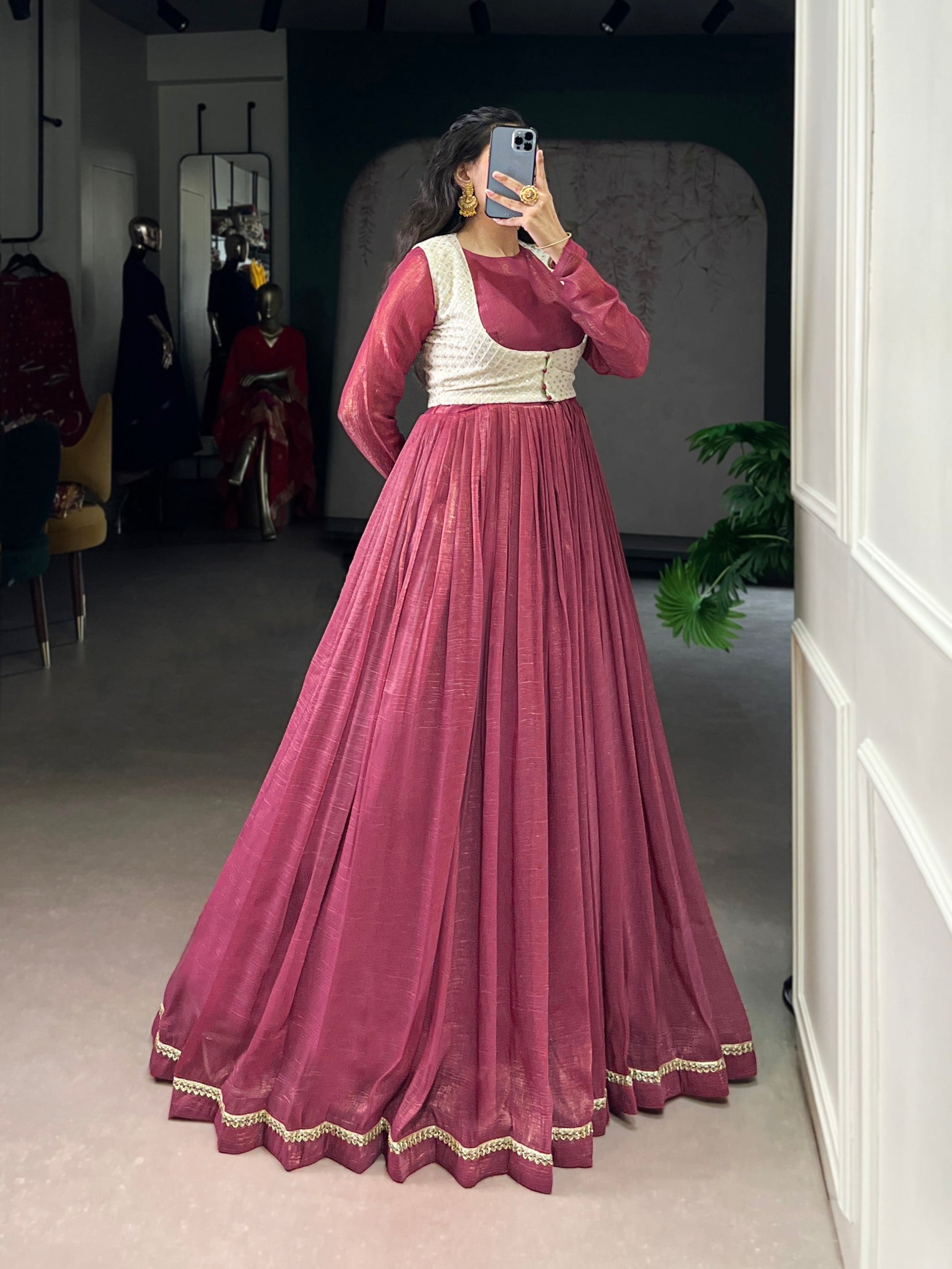 Lorenvalley Fashion Pink Silver Glosy Crunchy Lace Touch Up Gown with Koti | Swadesiicart