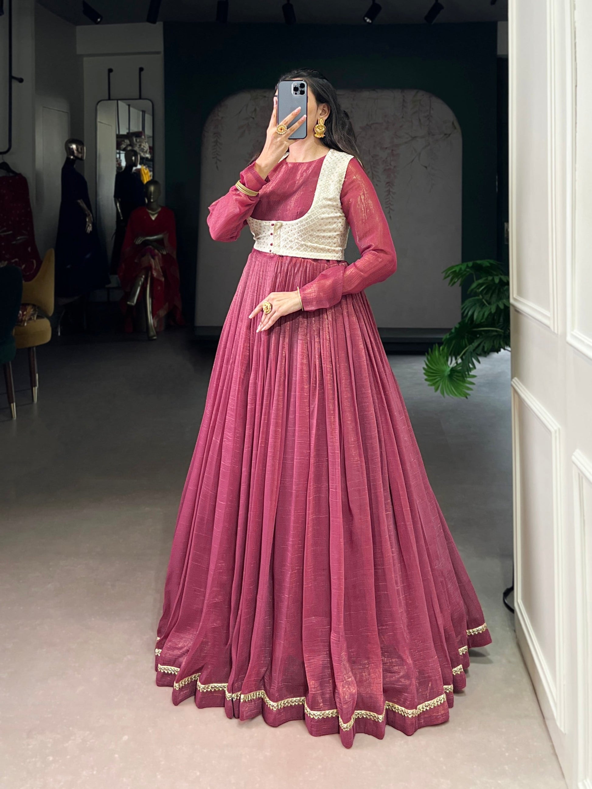 Lorenvalley Fashion Pink Silver Glosy Crunchy Lace Touch Up Gown with Koti | Swadesiicart