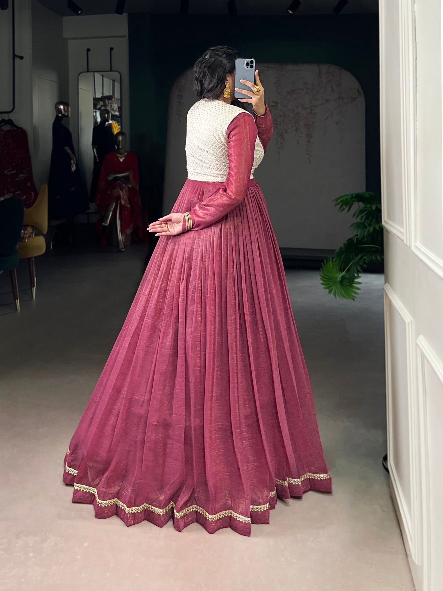 Lorenvalley Fashion Pink Silver Glosy Crunchy Lace Touch Up Gown with Koti | Swadesiicart