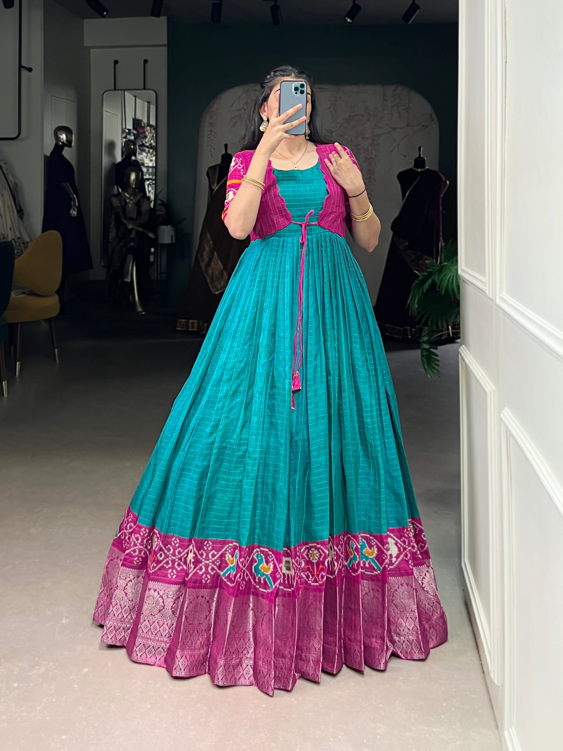 Lorenvalley Fashion Firozi Tussar Chex Patola Print With Weaving Work Border Gown with Koti | Swadesiicart