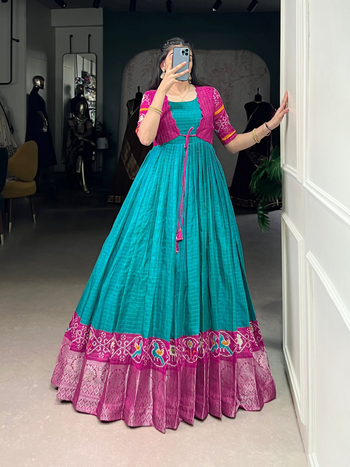 Lorenvalley Fashion Firozi Tussar Chex Patola Print With Weaving Work Border Gown with Koti | Swadesiicart