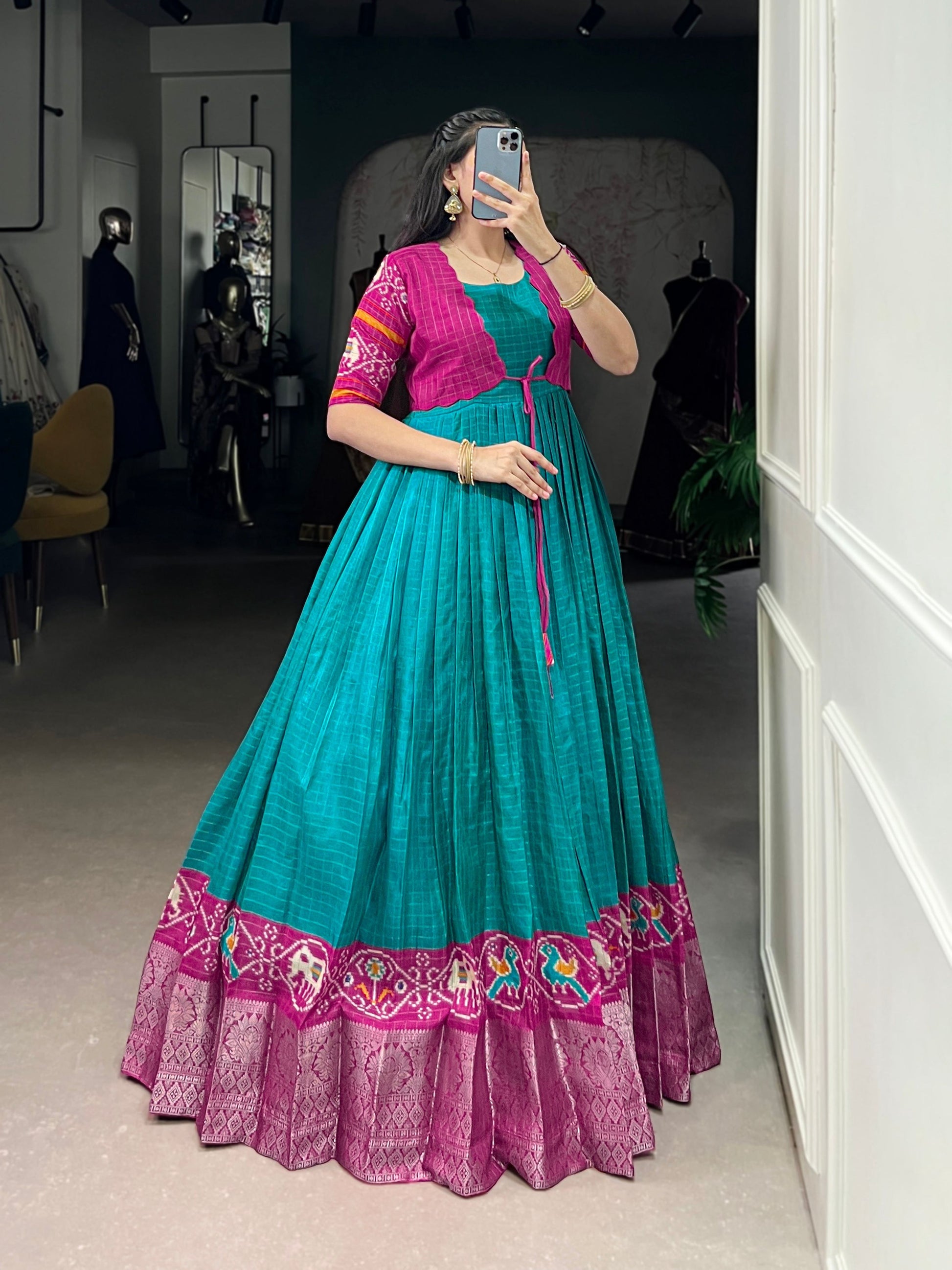 Lorenvalley Fashion Firozi Tussar Chex Patola Print With Weaving Work Border Gown with Koti | Swadesiicart