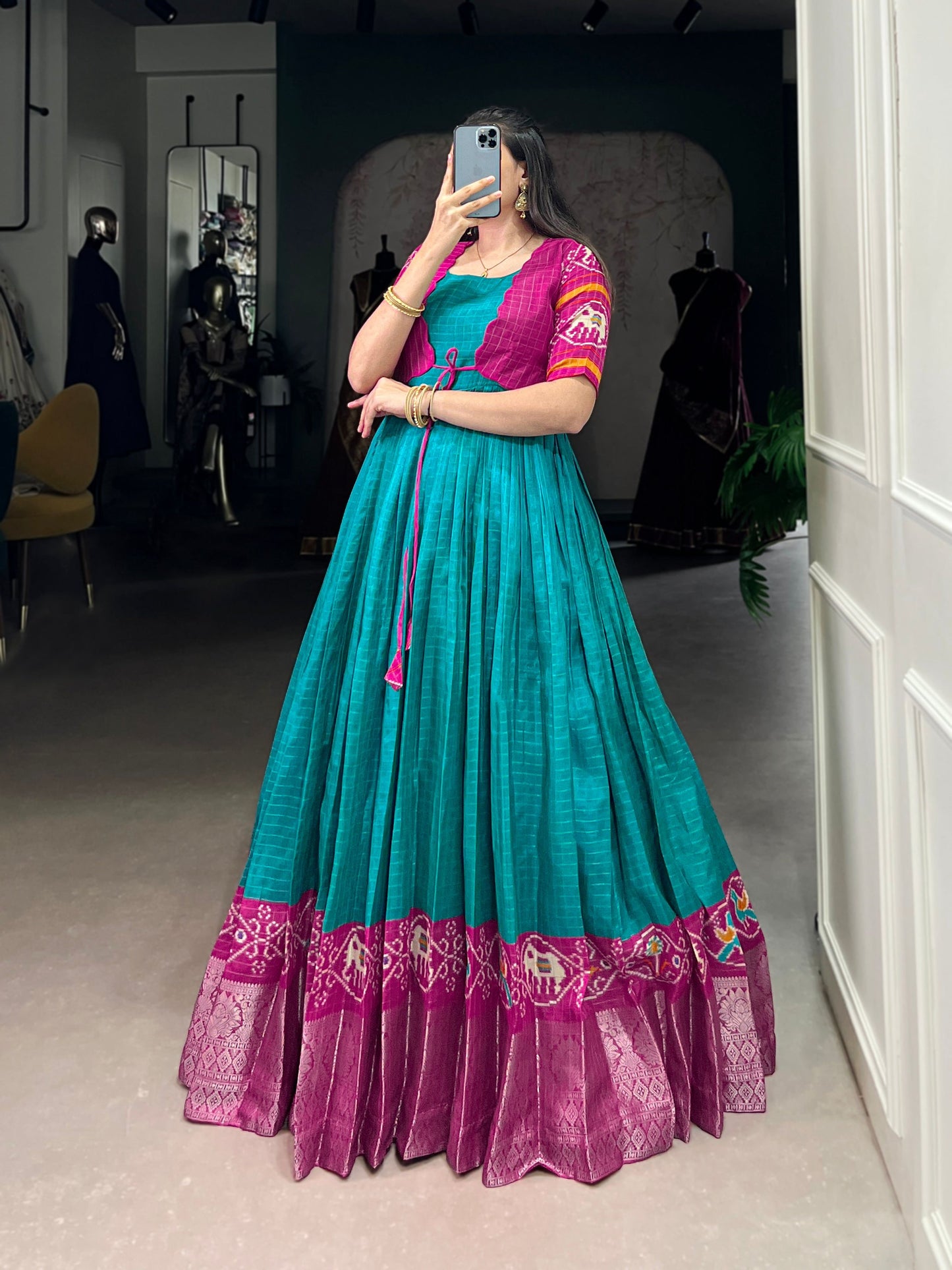 Lorenvalley Fashion Firozi Tussar Chex Patola Print With Weaving Work Border Gown with Koti | Swadesiicart