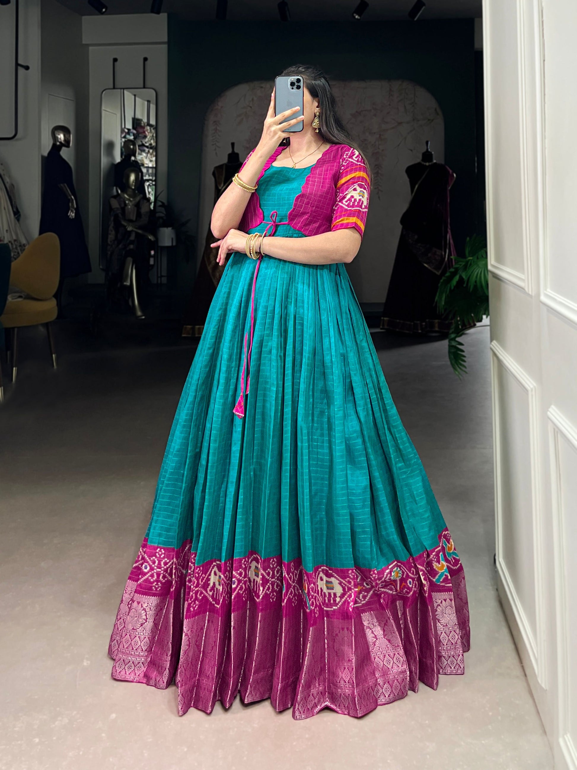 Lorenvalley Fashion Firozi Tussar Chex Patola Print With Weaving Work Border Gown with Koti | Swadesiicart