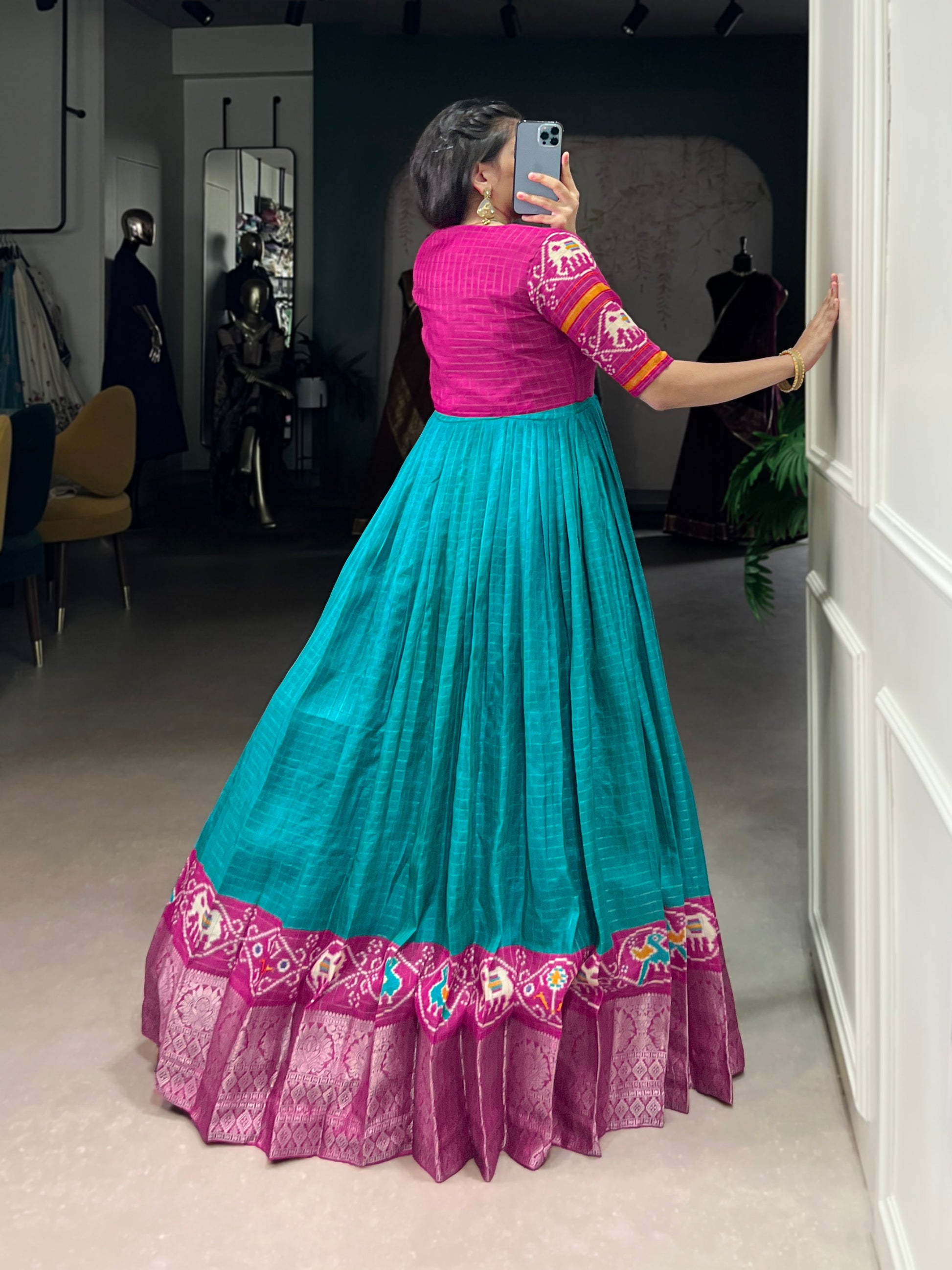 Lorenvalley Fashion Firozi Tussar Chex Patola Print With Weaving Work Border Gown with Koti | Swadesiicart