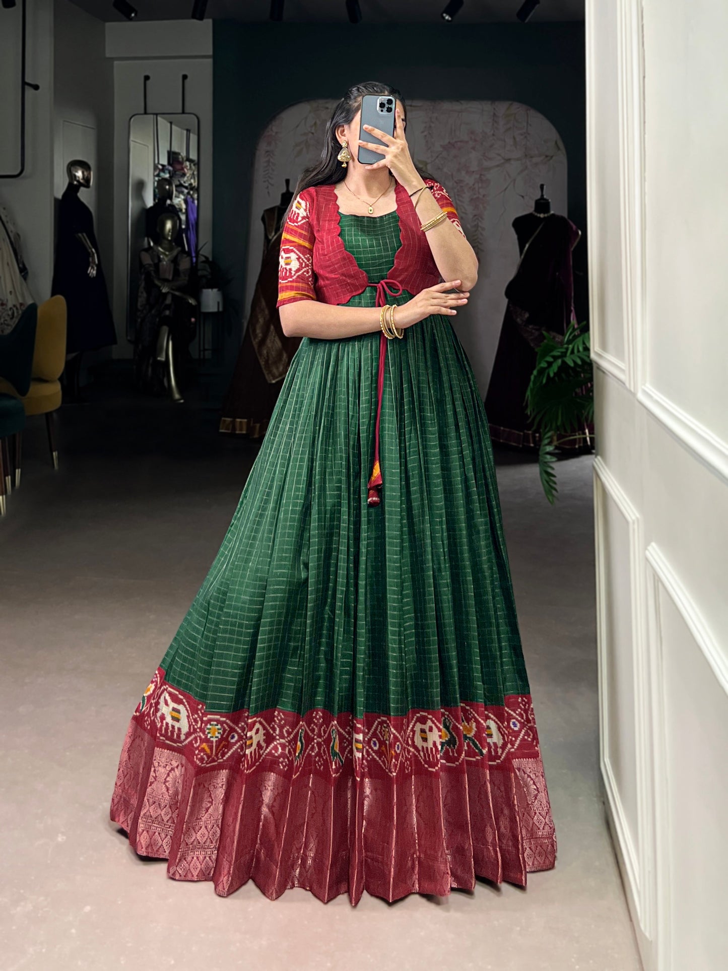 Lorenvalley Fashion Green Tussar Chex Patola Print With Weaving Work Border Gown with Koti | Swadesiicart