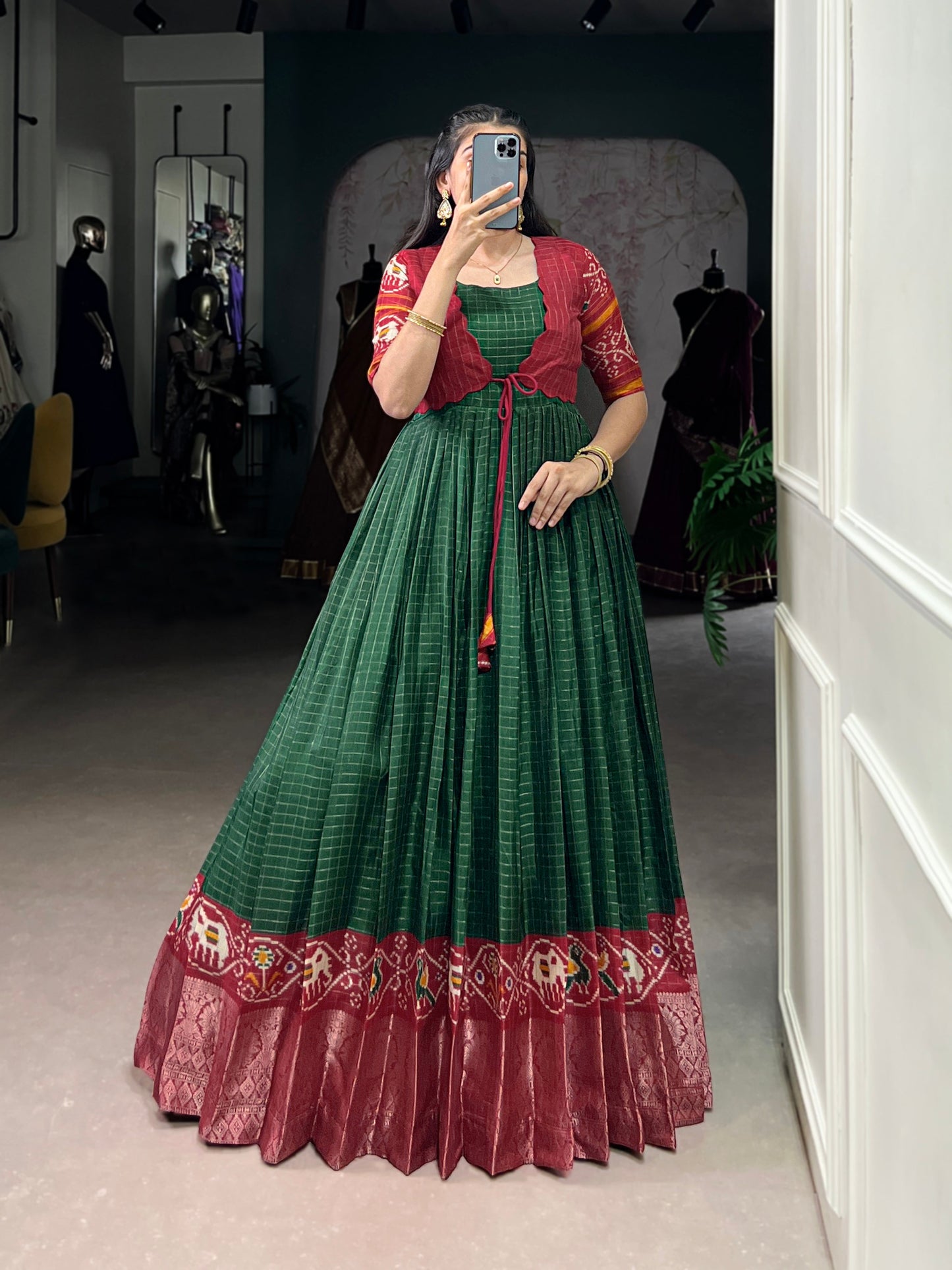 Lorenvalley Fashion Green Tussar Chex Patola Print With Weaving Work Border Gown with Koti | Swadesiicart