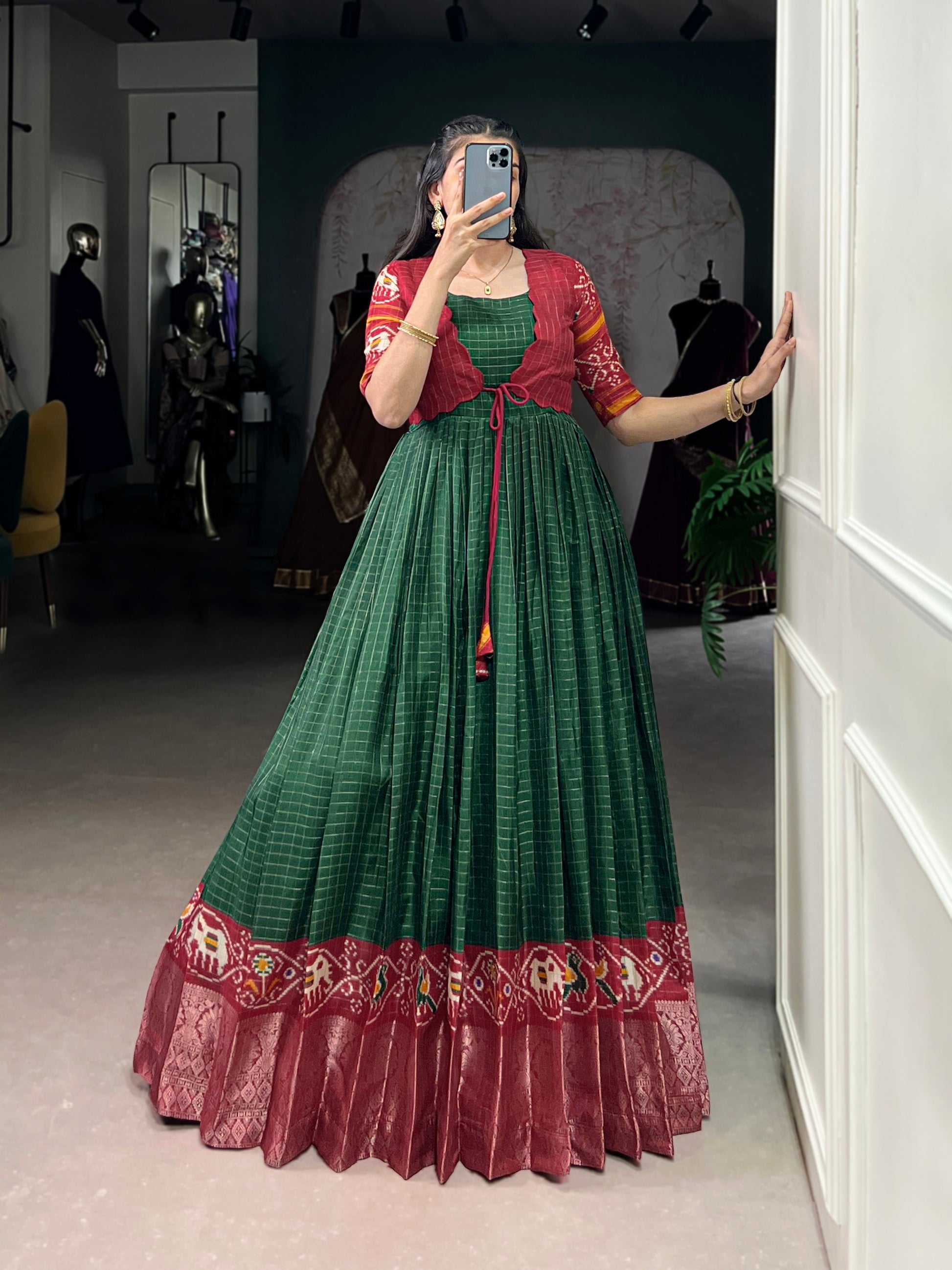 Lorenvalley Fashion Green Tussar Chex Patola Print With Weaving Work Border Gown with Koti | Swadesiicart