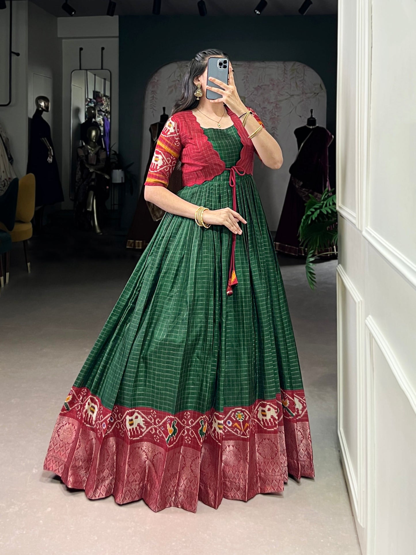 Lorenvalley Fashion Green Tussar Chex Patola Print With Weaving Work Border Gown with Koti | Swadesiicart