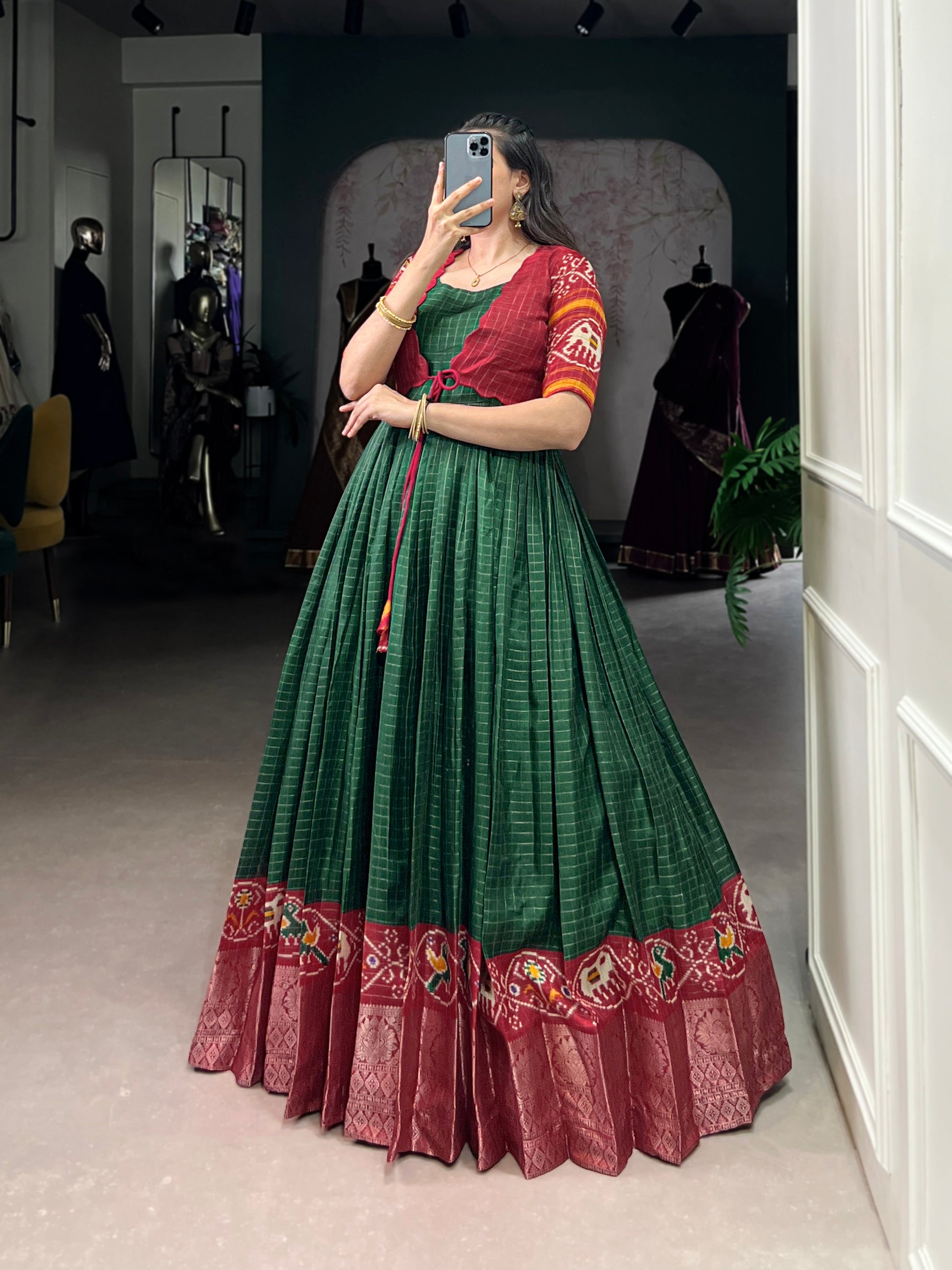 Lorenvalley Fashion Green Tussar Chex Patola Print With Weaving Work Border Gown with Koti | Swadesiicart