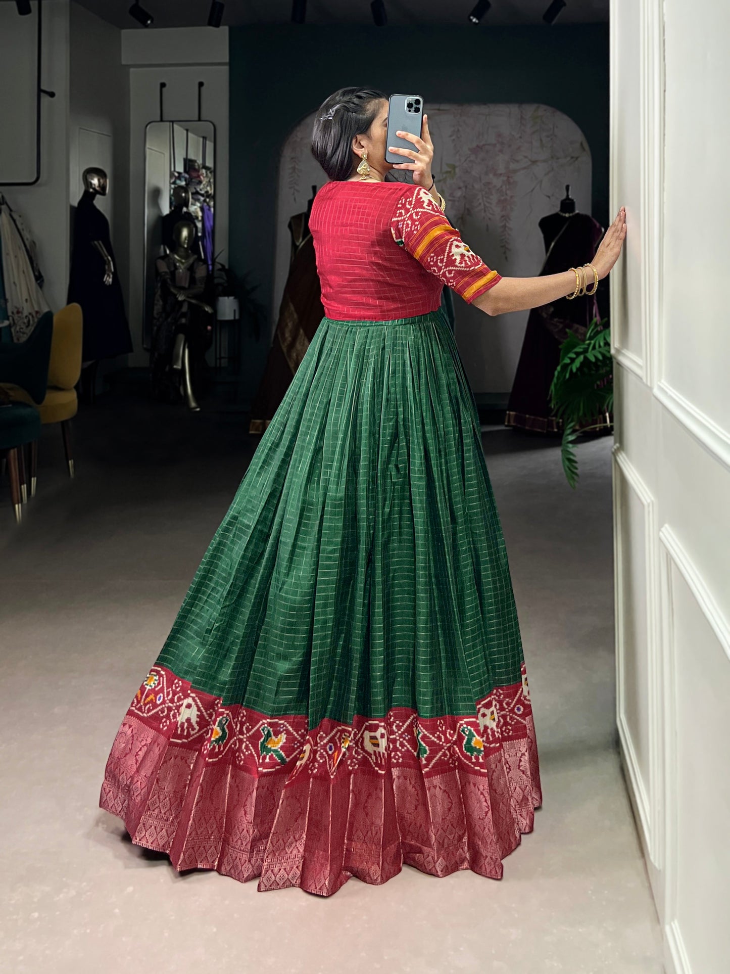 Lorenvalley Fashion Green Tussar Chex Patola Print With Weaving Work Border Gown with Koti | Swadesiicart