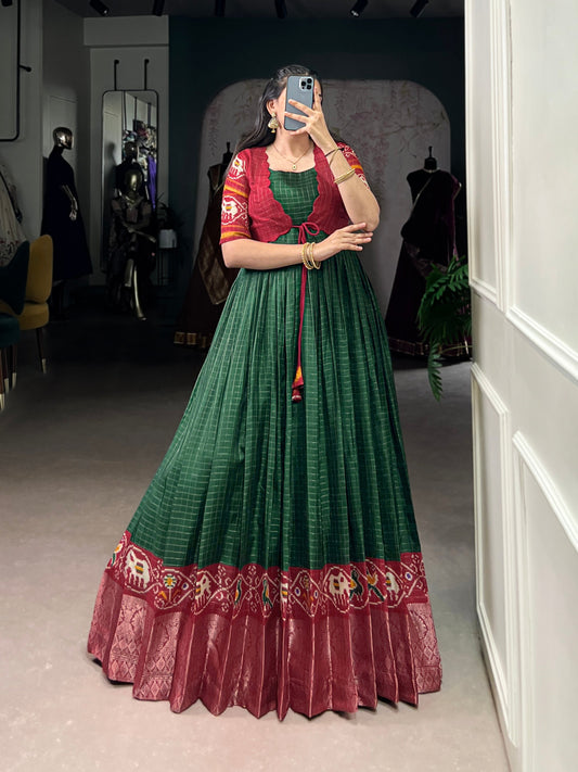 Lorenvalley Fashion Green Tussar Chex Patola Print With Weaving Work Border Gown with Koti | Swadesiicart