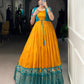 Lorenvalley Fashion Mustard Tussar Chex Patola Print With Weaving Work Border Gown with Koti | Swadesiicart
