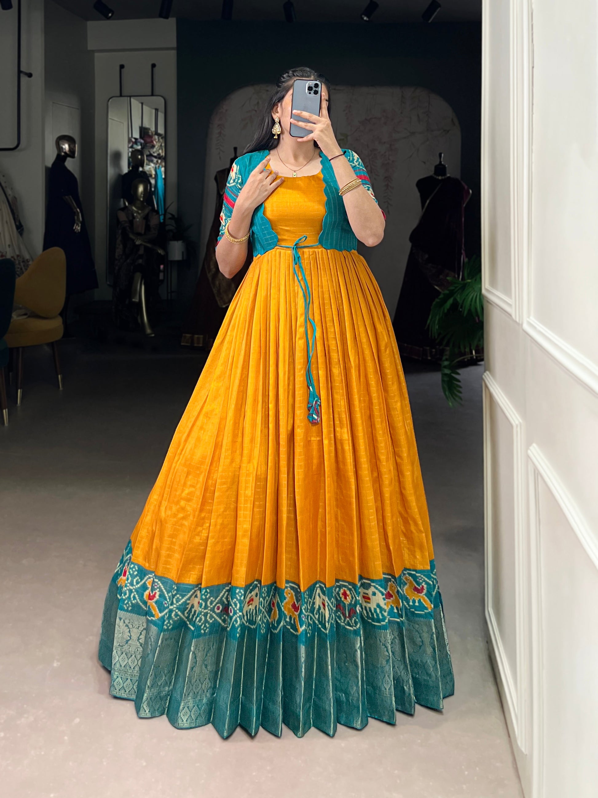 Lorenvalley Fashion Mustard Tussar Chex Patola Print With Weaving Work Border Gown with Koti | Swadesiicart