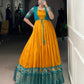 Lorenvalley Fashion Mustard Tussar Chex Patola Print With Weaving Work Border Gown with Koti | Swadesiicart