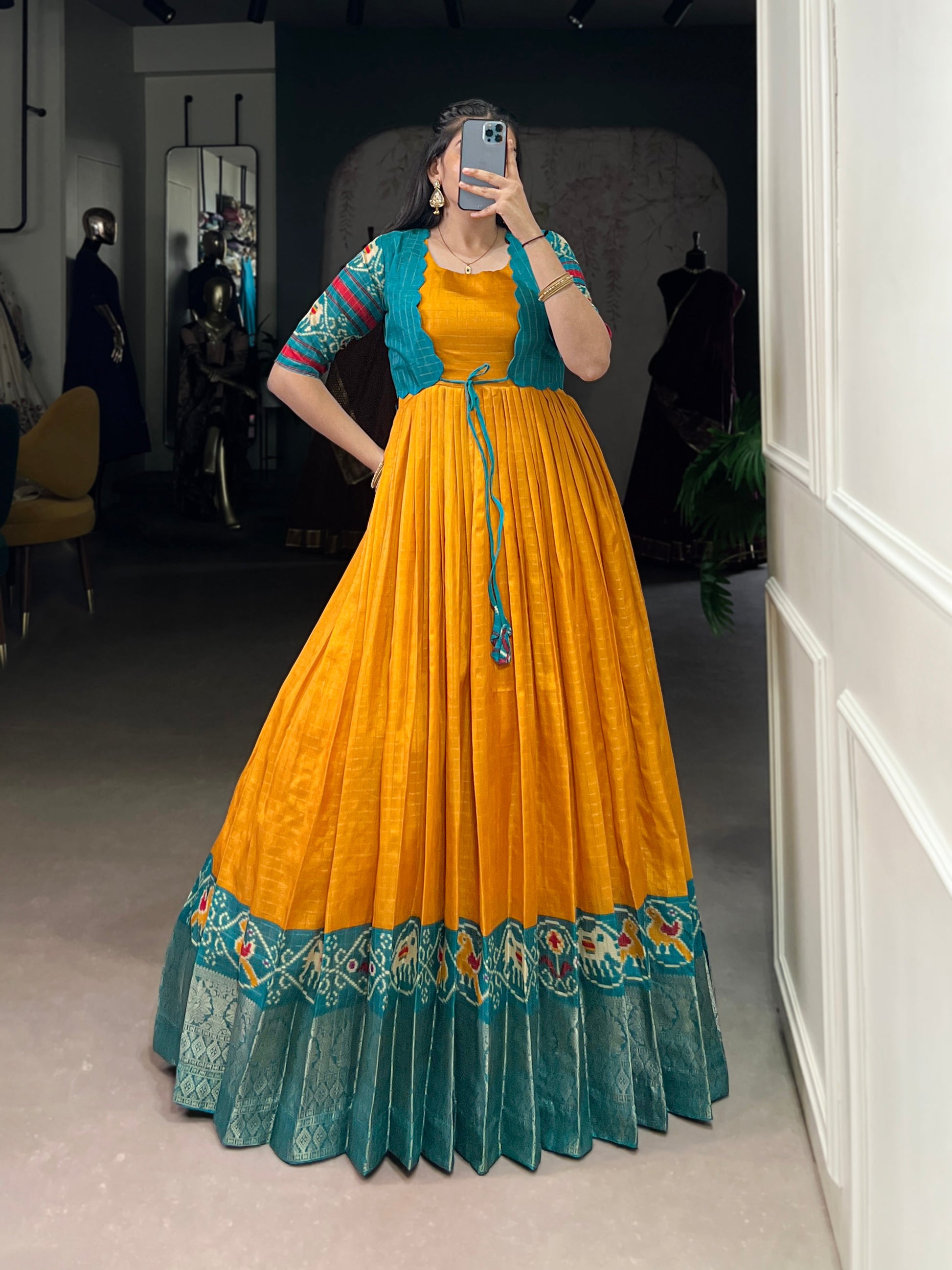 Lorenvalley Fashion Mustard Tussar Chex Patola Print With Weaving Work Border Gown with Koti | Swadesiicart