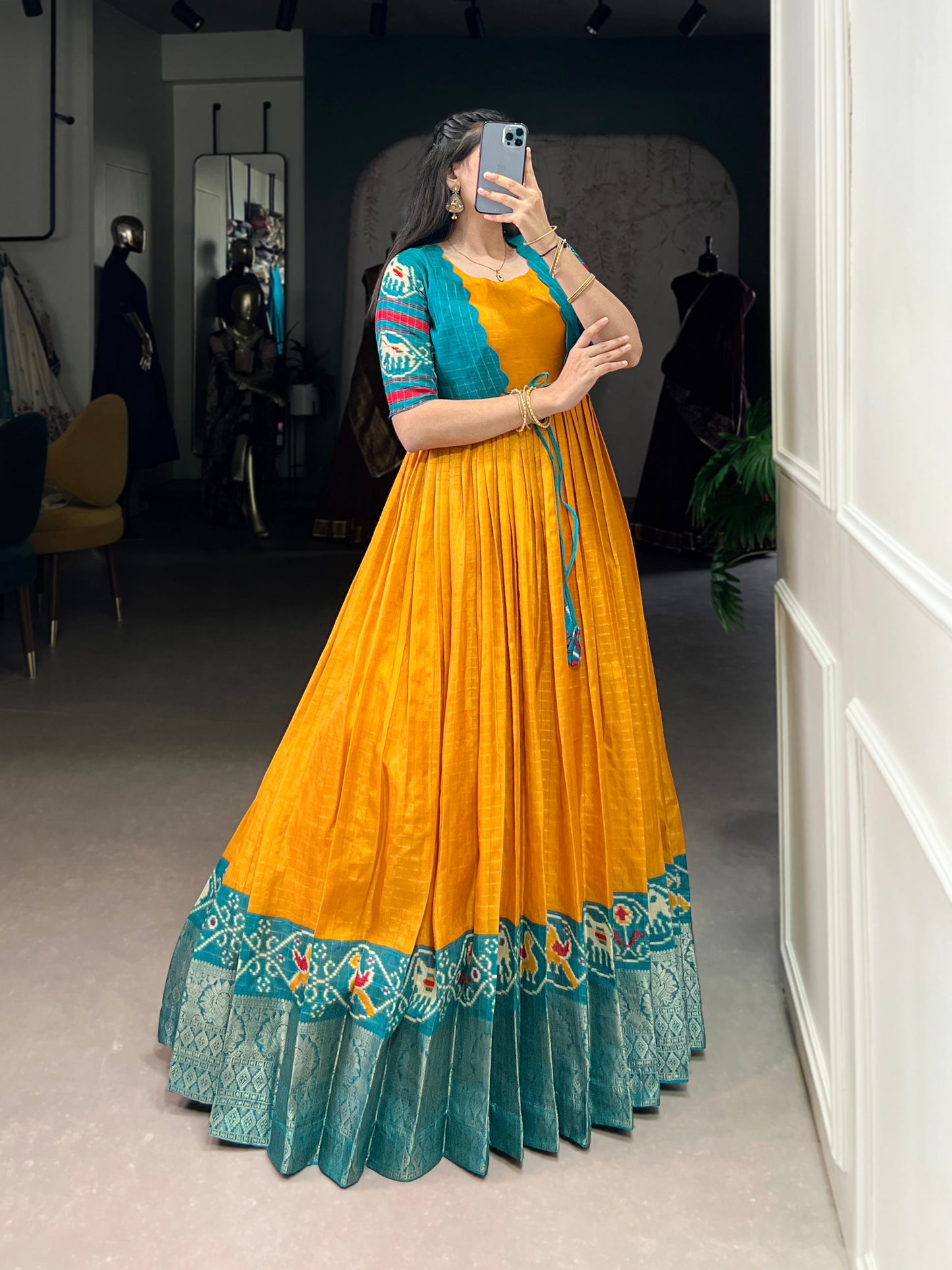 Lorenvalley Fashion Mustard Tussar Chex Patola Print With Weaving Work Border Gown with Koti | Swadesiicart